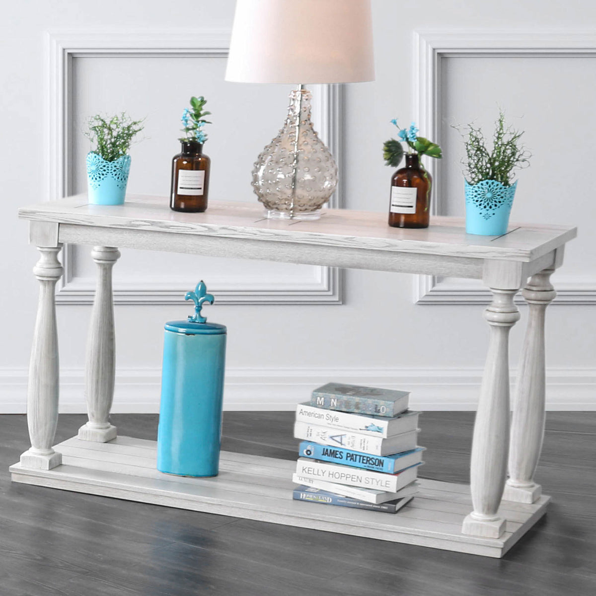 Rustic Style 1pc Sofa Table Open Bottom Shelf Plank Style - Antique White