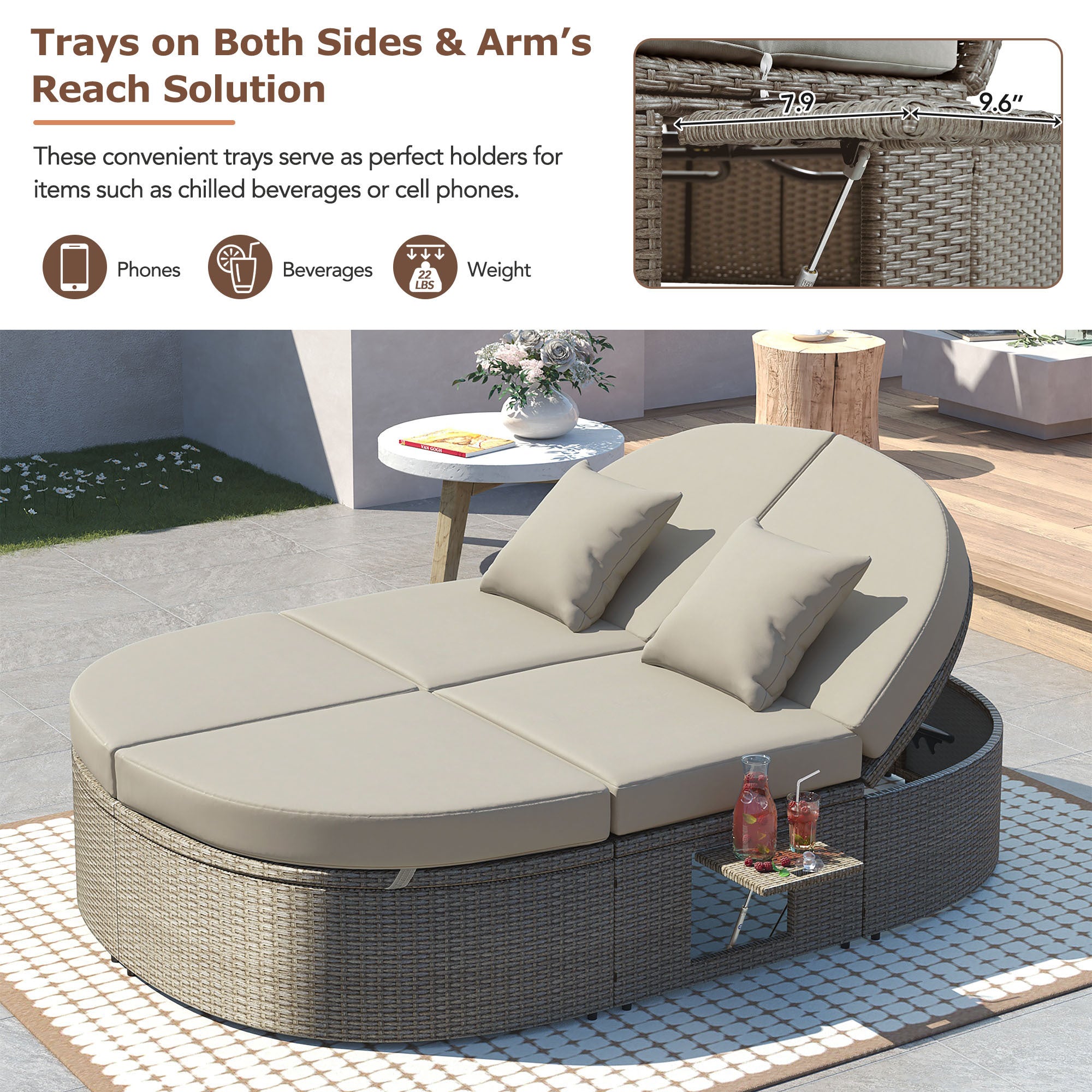 Outdoor Sun Bed Patio 2-Person Daybed with Cushions and Pillows, Rattan Garden Reclining Chaise Lounge with Adjustable Backrests and Foldable Cup Trays for Lawn,Poolside, Gray