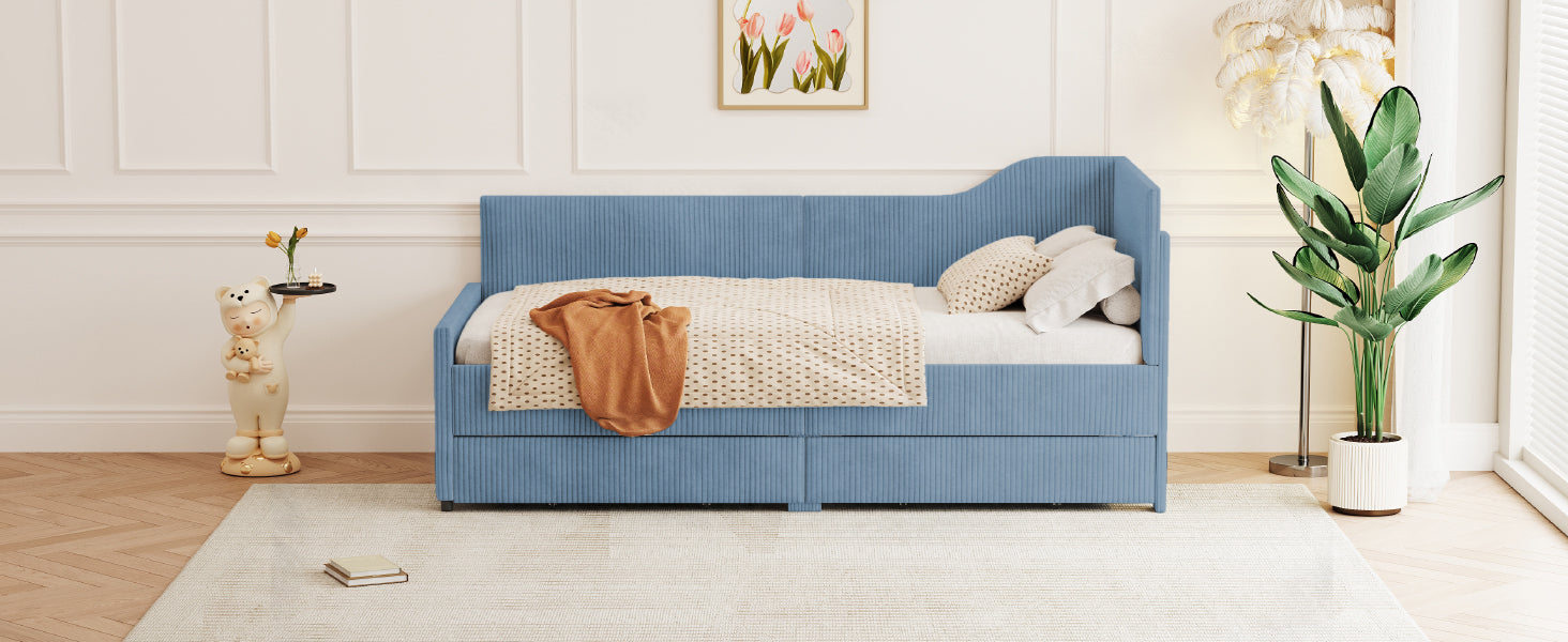 Twin Size L-Shaped Corduroy Daybed,Upholstered Bed Frame with  2 Storage Drawers,Blue