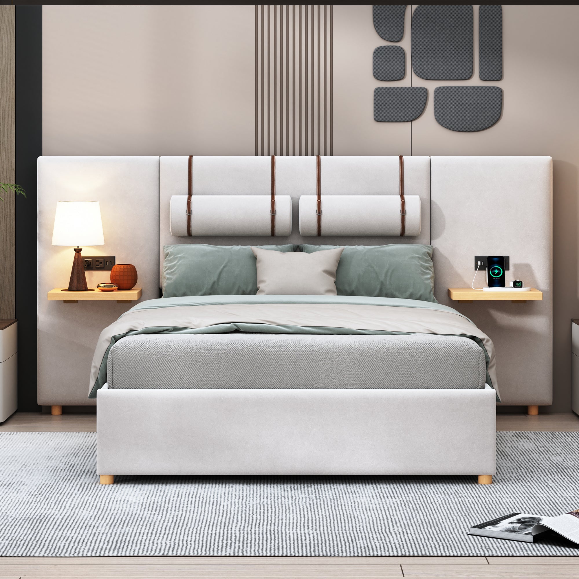 Full Size Upholstered Platform Bed, Two Outlets and USB Charging Ports on Both Sides, Two Bedside Pillows, Storage Shelves,Velvet - Beige