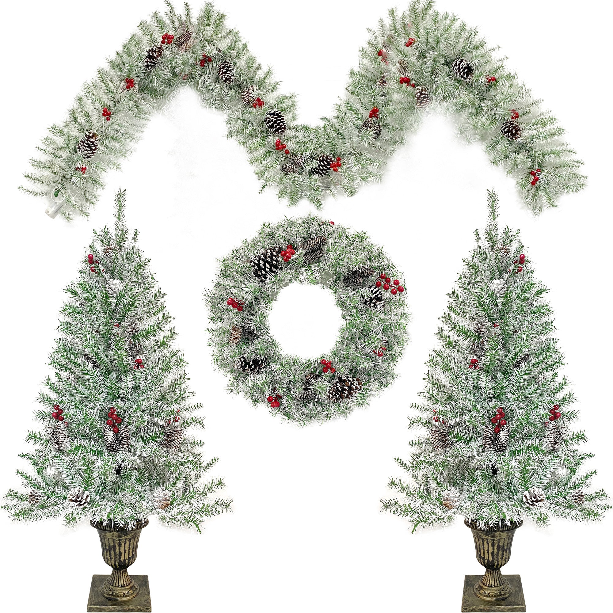 Pre-lit Xmas Tree Artificial Christmas 4-Piece Set,Garland, Wreath and Set of 2