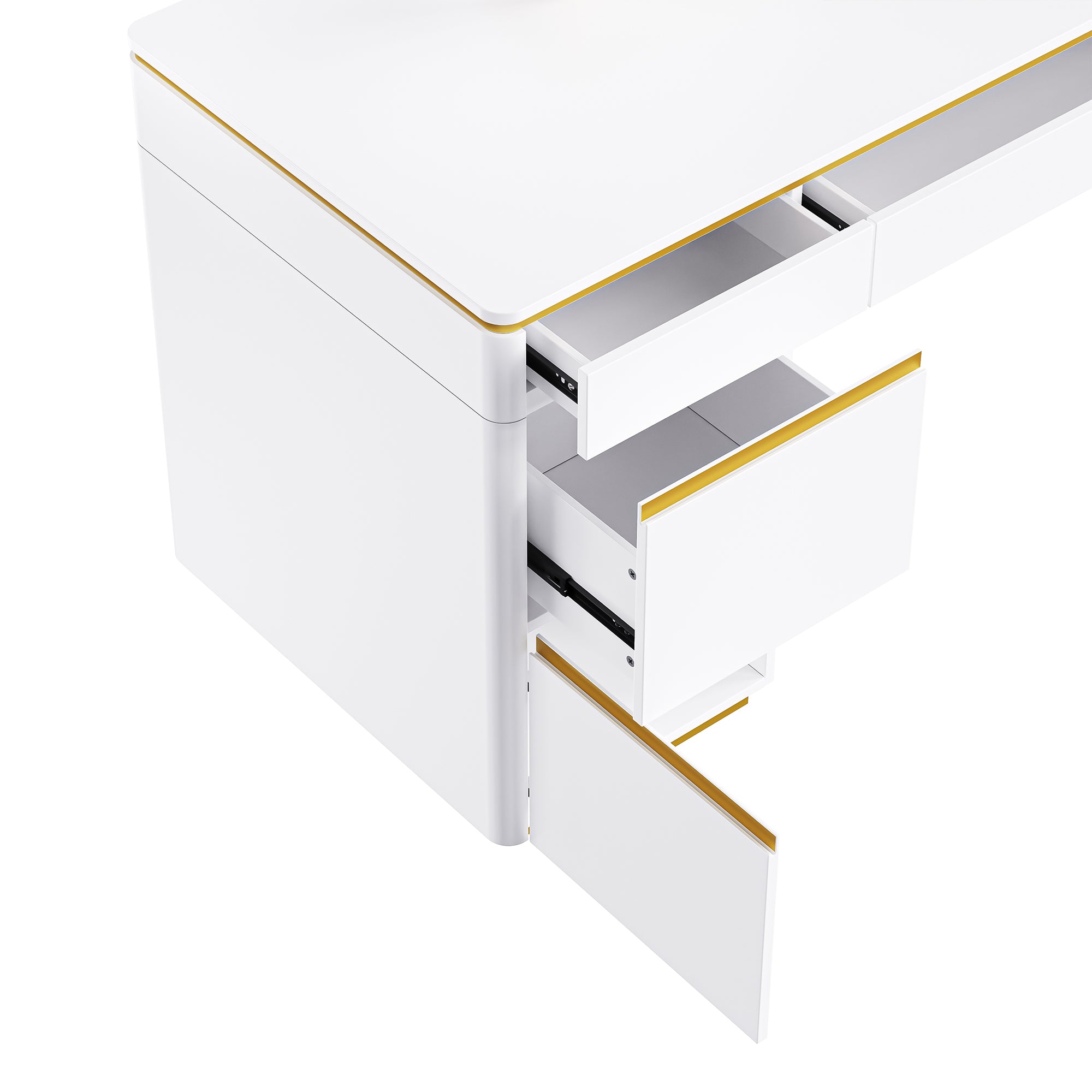 60''Modern Executive Desk,White Curved Computer Desk with Gold Metal Legs,3-Drawers Home Office Desk - Gold+White