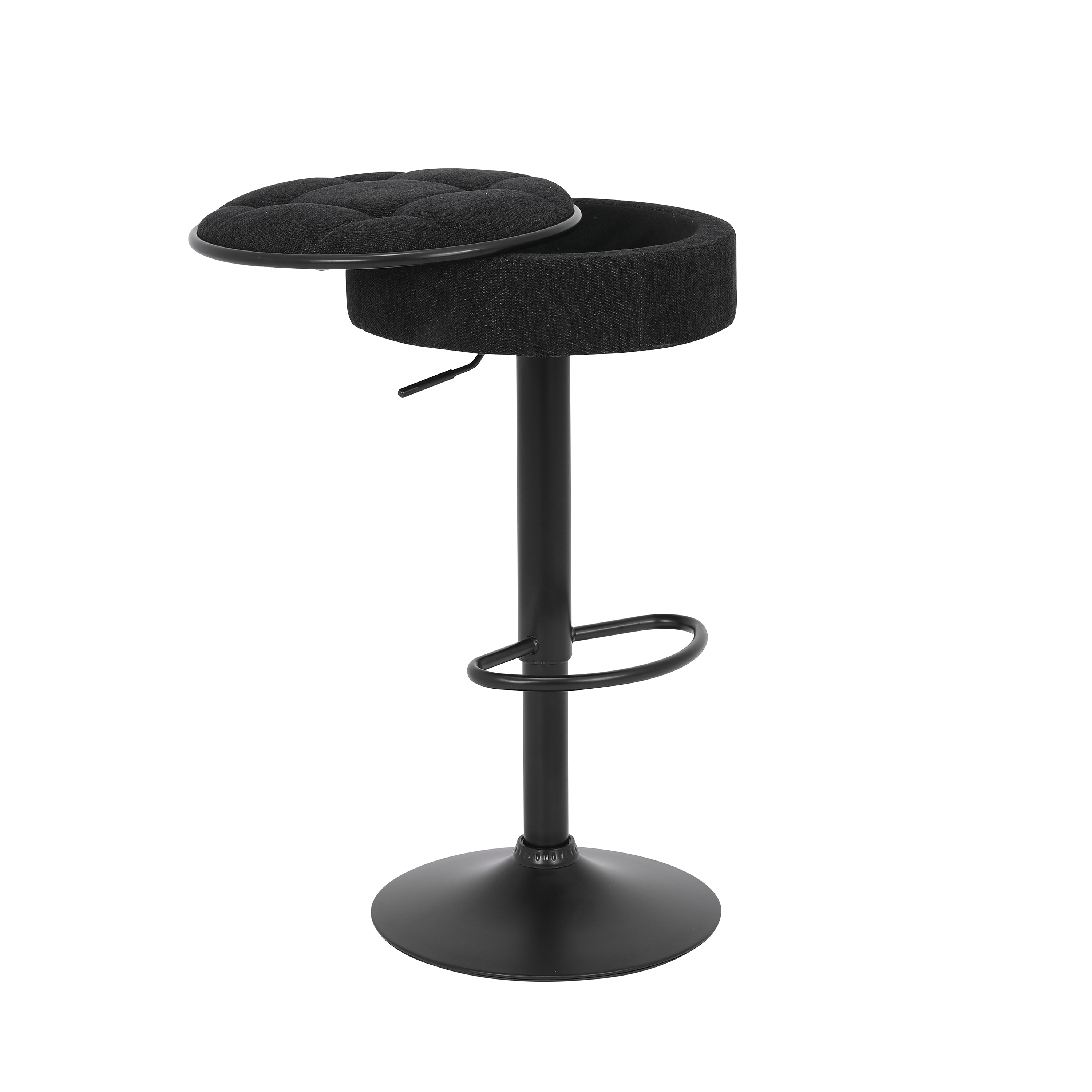 Set of 2 Round Storage Bar Stool Black Linen Height Adjustable Barstool, 360°Counter Height Swivel