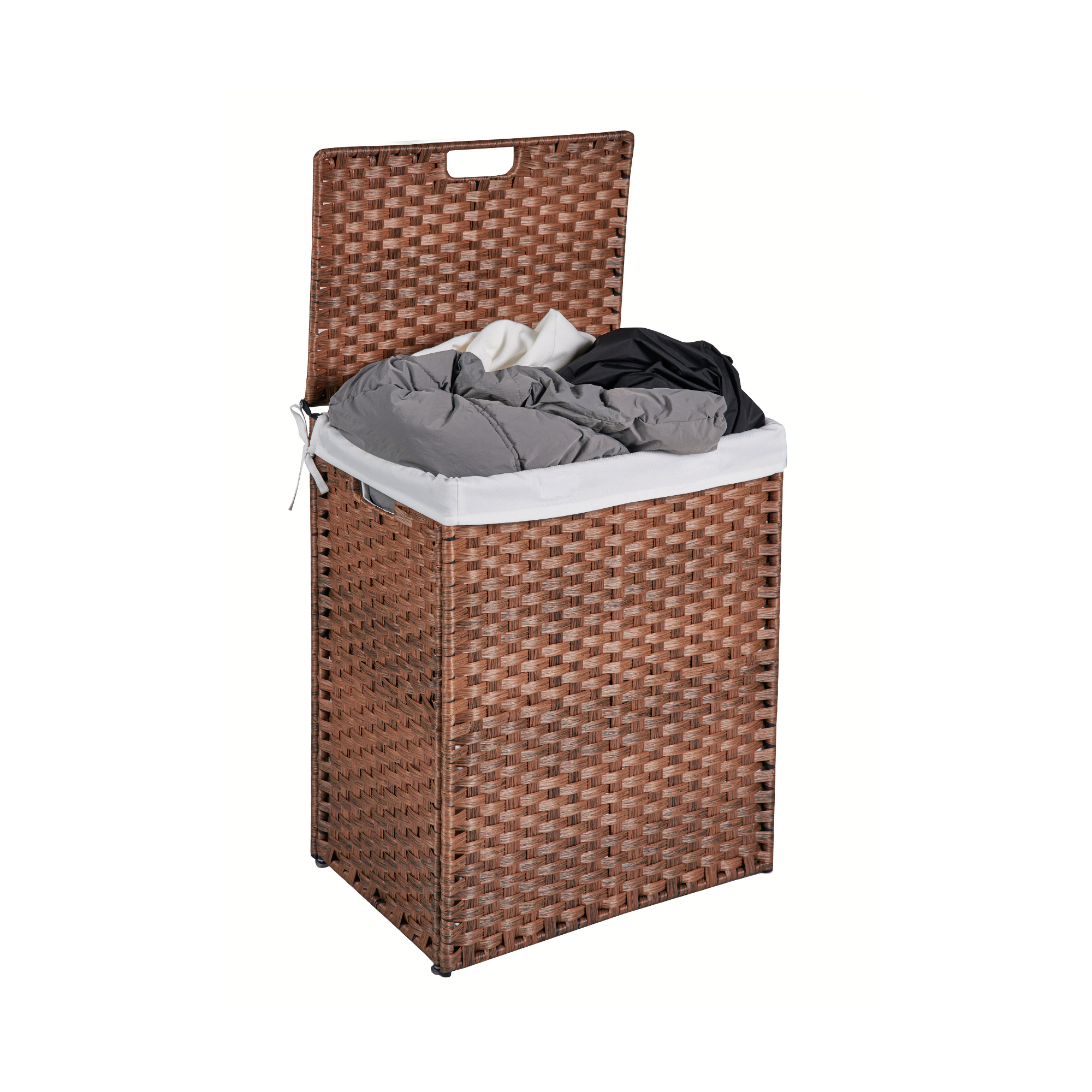 Laundry Hamper With Lid PE Rattan Powder Coating Frame Clothes Hampers with 2 Removable Bags, 100L, Brown Color