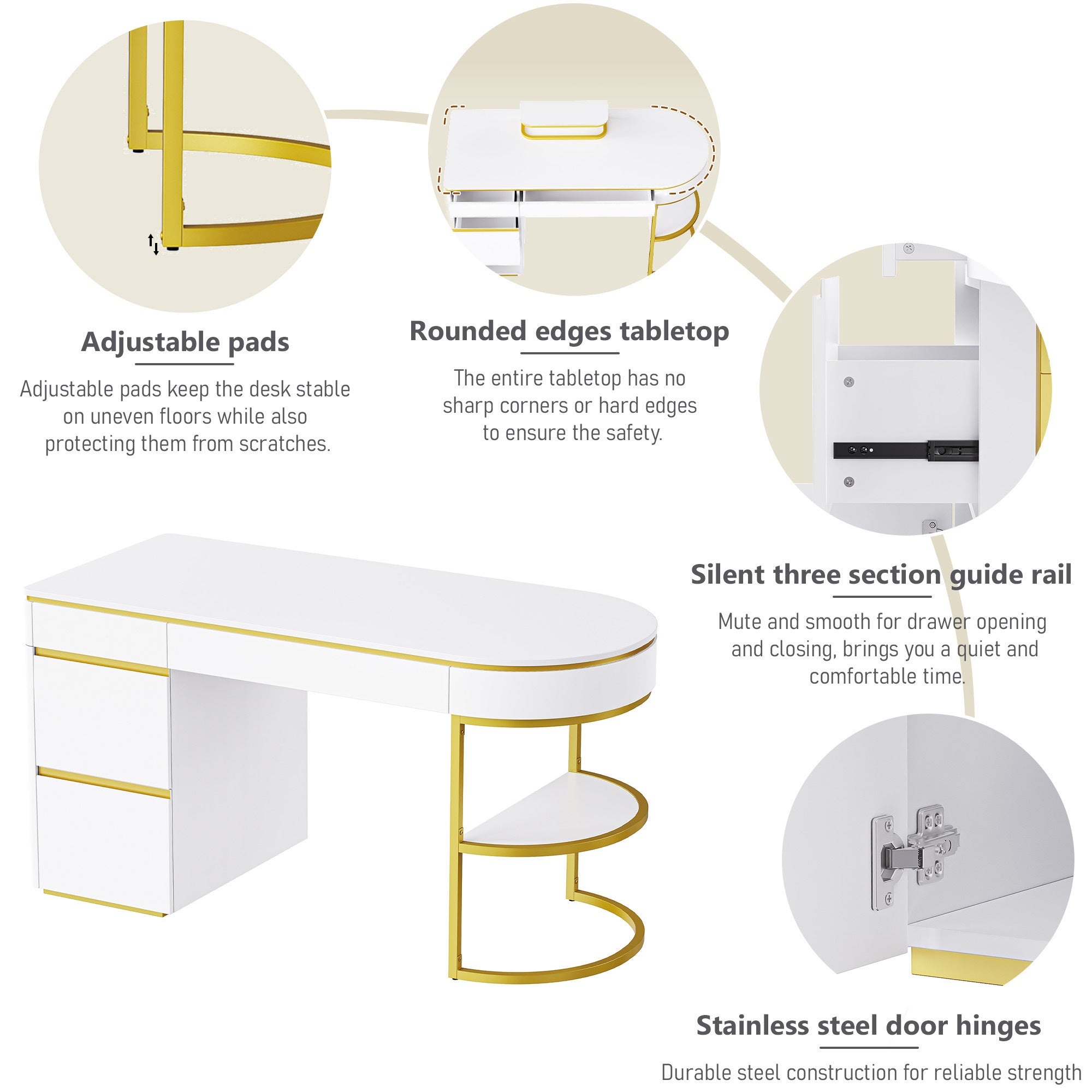 60''Modern Executive Desk,White Curved Computer Desk with Gold Metal Legs,3-Drawers Home Office Desk - Gold+White