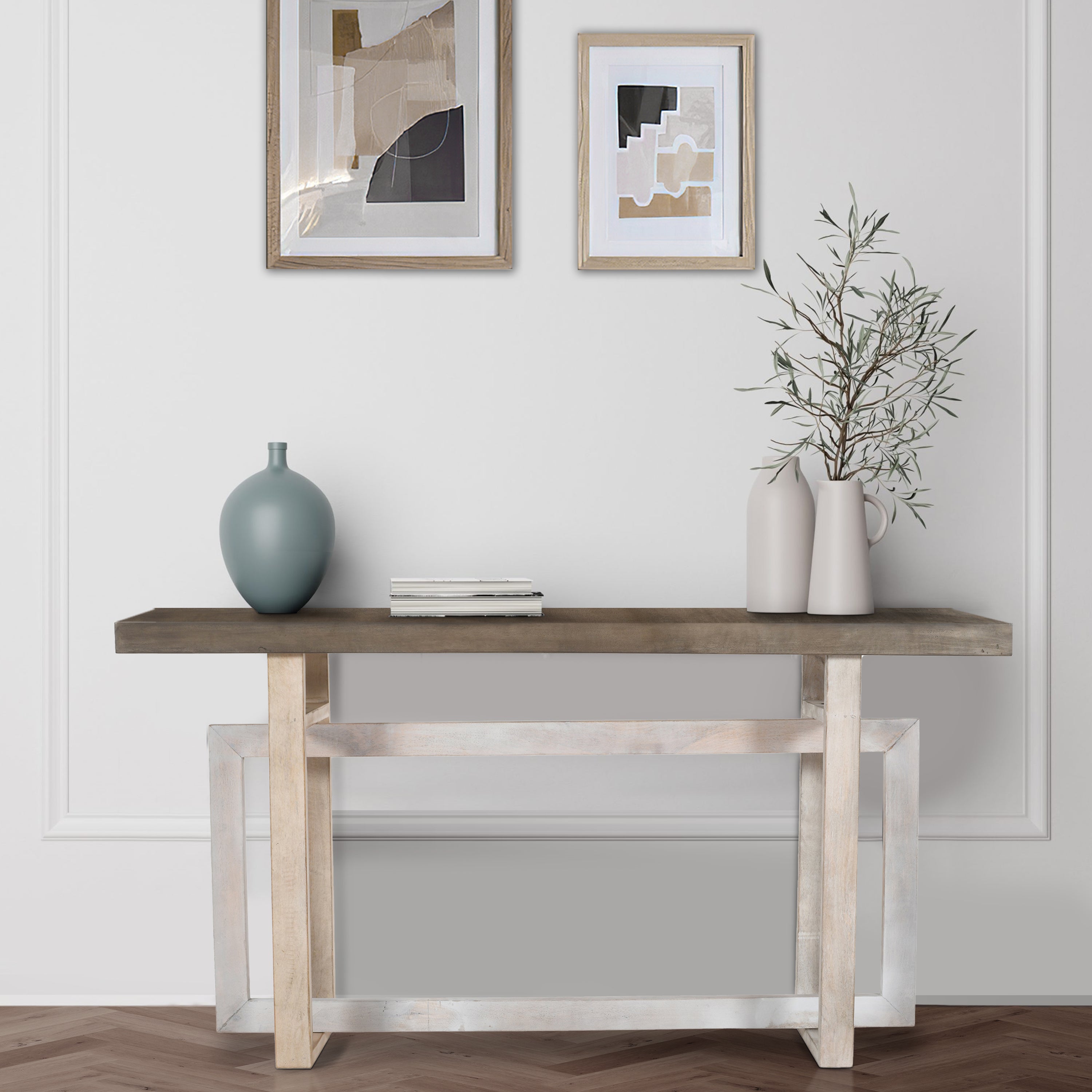 59 Inch Artisan Sideboard Console Table with Geometric Interlocked Base, Distressed Matte Gray