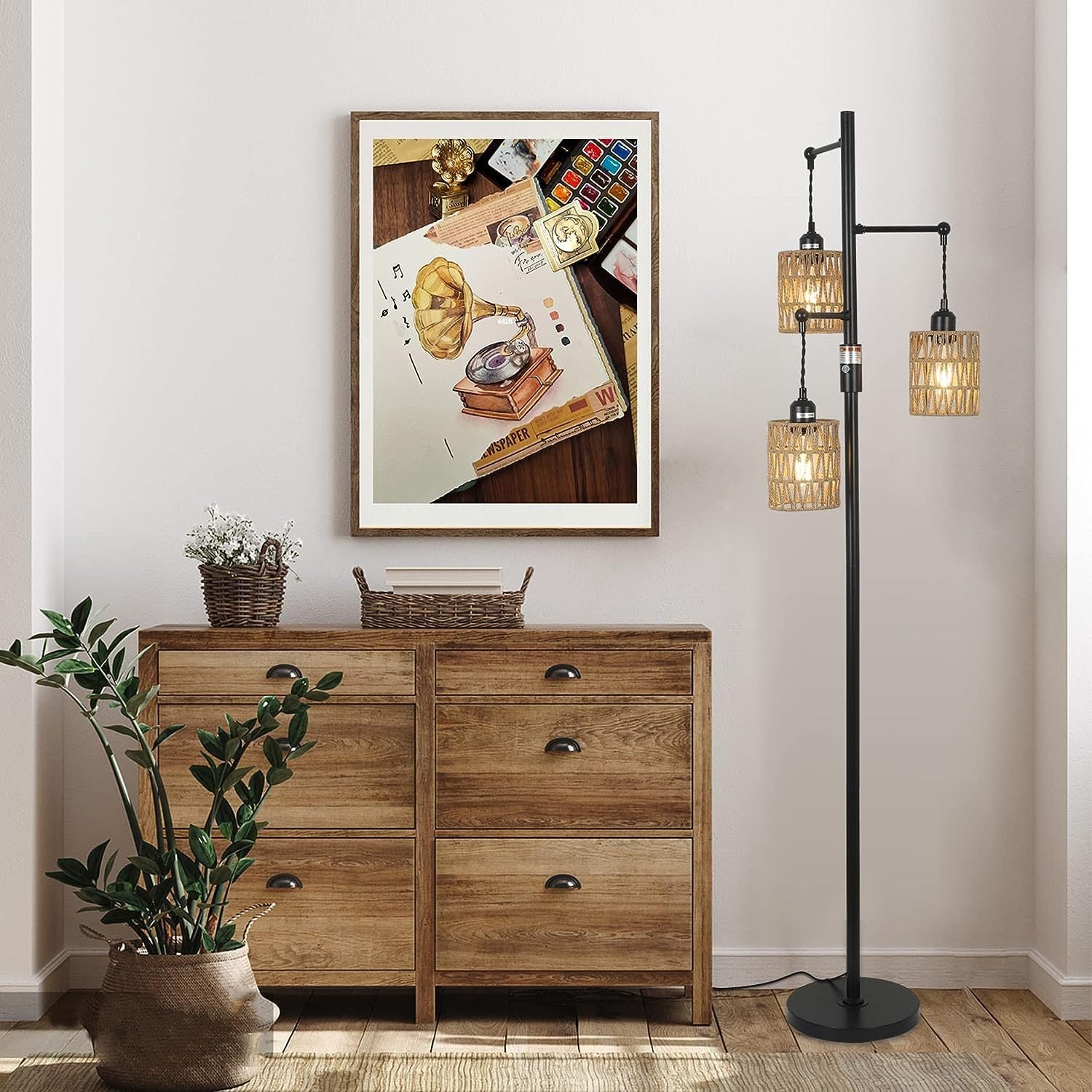 3-Lights Boho Floor Lamp with Stepless Dimmer