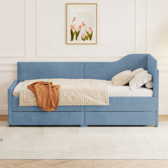 Twin Size L-Shaped Corduroy Daybed,Upholstered Bed Frame with  2 Storage Drawers,Blue