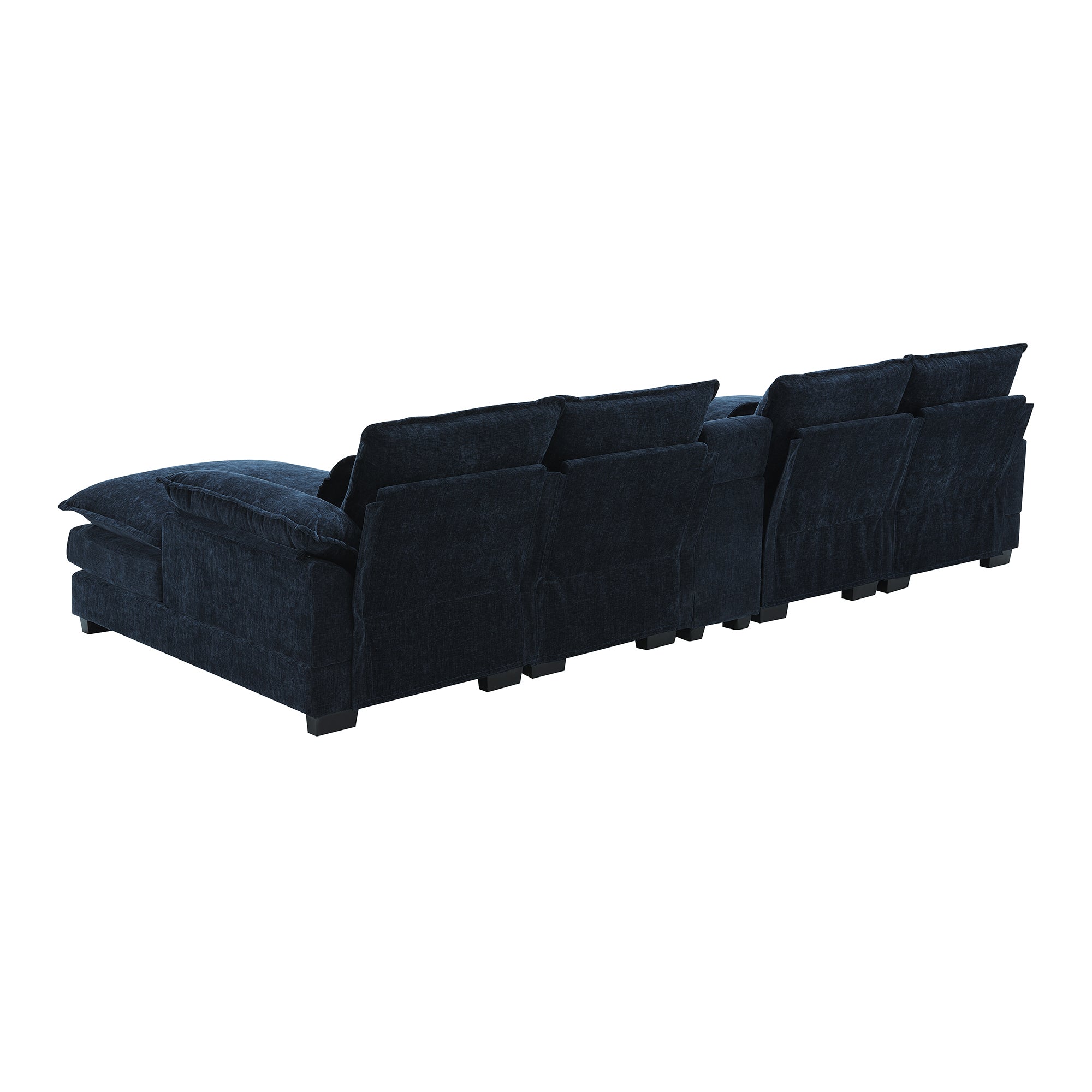 Modern Blue U-shaped Sofa with Cupholders and USB Ports, 6-seat Upholstered Symmetrical Indoor Furniture