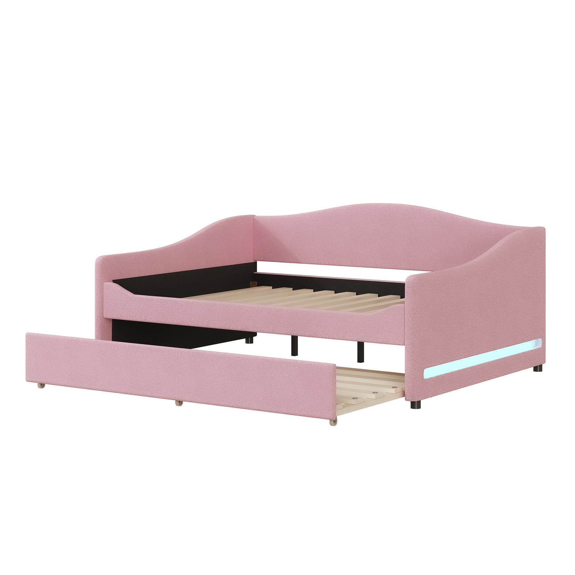 Teddy Fleece Full Size Upholstered Daybed with Light and Trundle - Pink