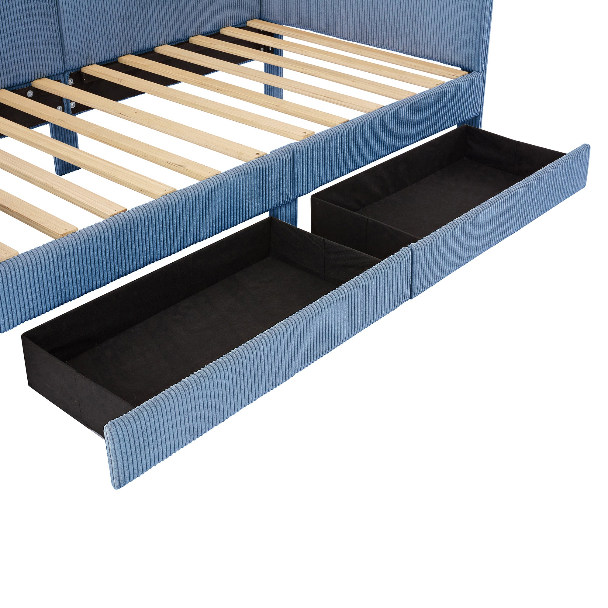 Twin Size L-Shaped Corduroy Daybed,Upholstered Bed Frame with  2 Storage Drawers,Blue