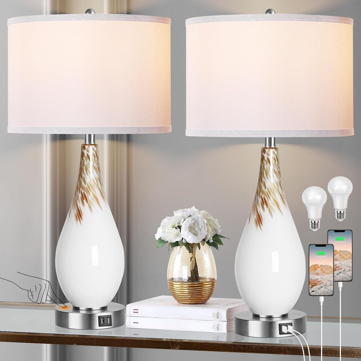 Set of 2, 27.5" Touch Control Table Lamps Tall Modern Art Glass Bedside Lamp with USB Ports, 3-Way Dimmable Hand Crafted Nightstand Lamps White Drum Shade