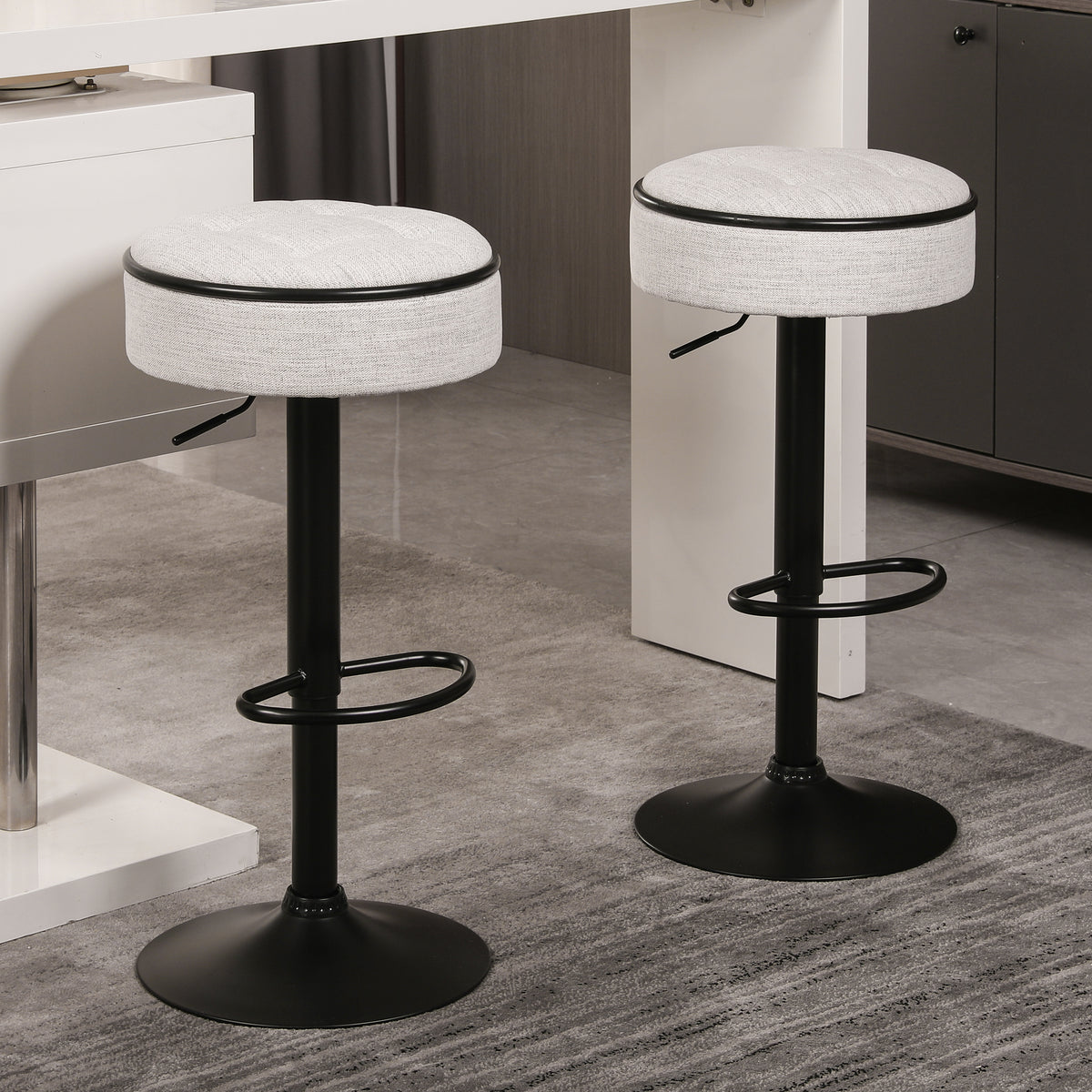 Set of 2 Round Storage Bar Stool, Off White Linen Height Adjustable Barstool, 360°Counter Height Swivel Stool