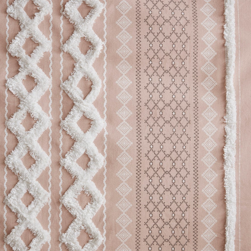 Cotton Printed Curtain Panel with Chenille Stripe and Lining - Blush Beige