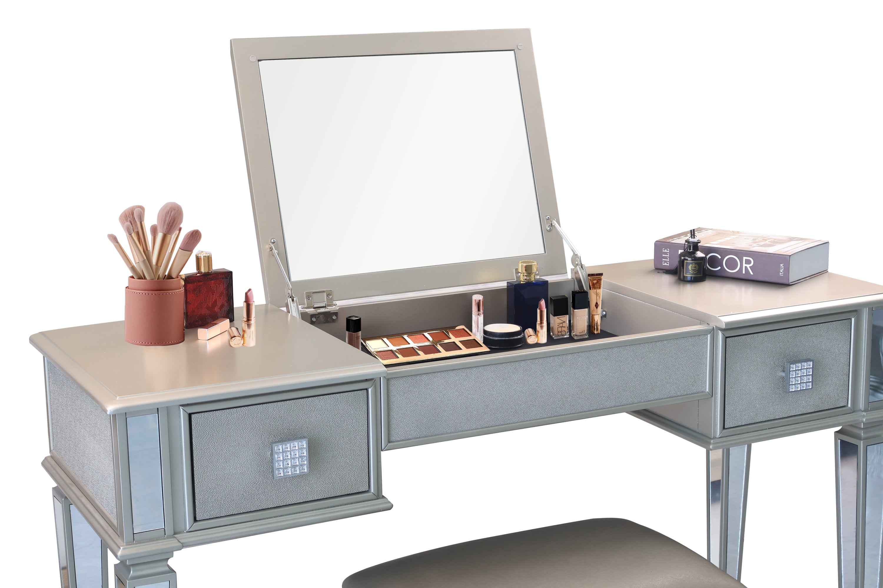 Mirrored Vanities Desk with Drawers, Bedroom Makeup Vanity Table Set with Mirror and Stool - Silver