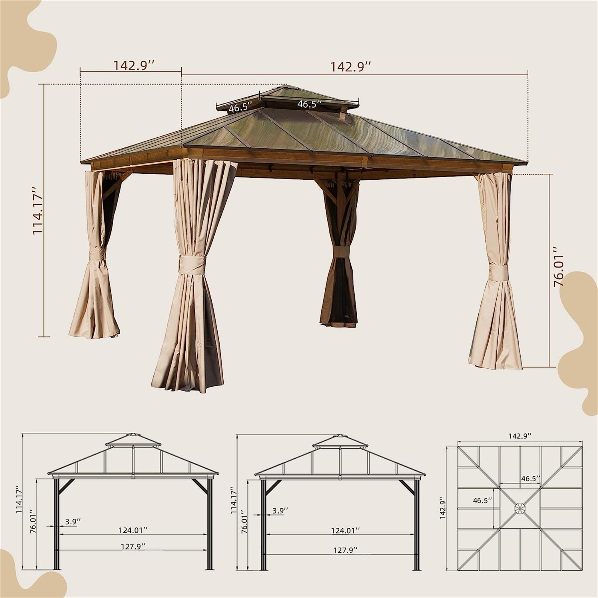 12'x12' Hardtop Gazebo, Permanent Outdoor Gazebo with Polycarbonate Double Roof, Aluminum Gazebo Pavilion with Curtain and Net for Garden, Patio, Lawns, Deck, Backyard (Wood-Looking)