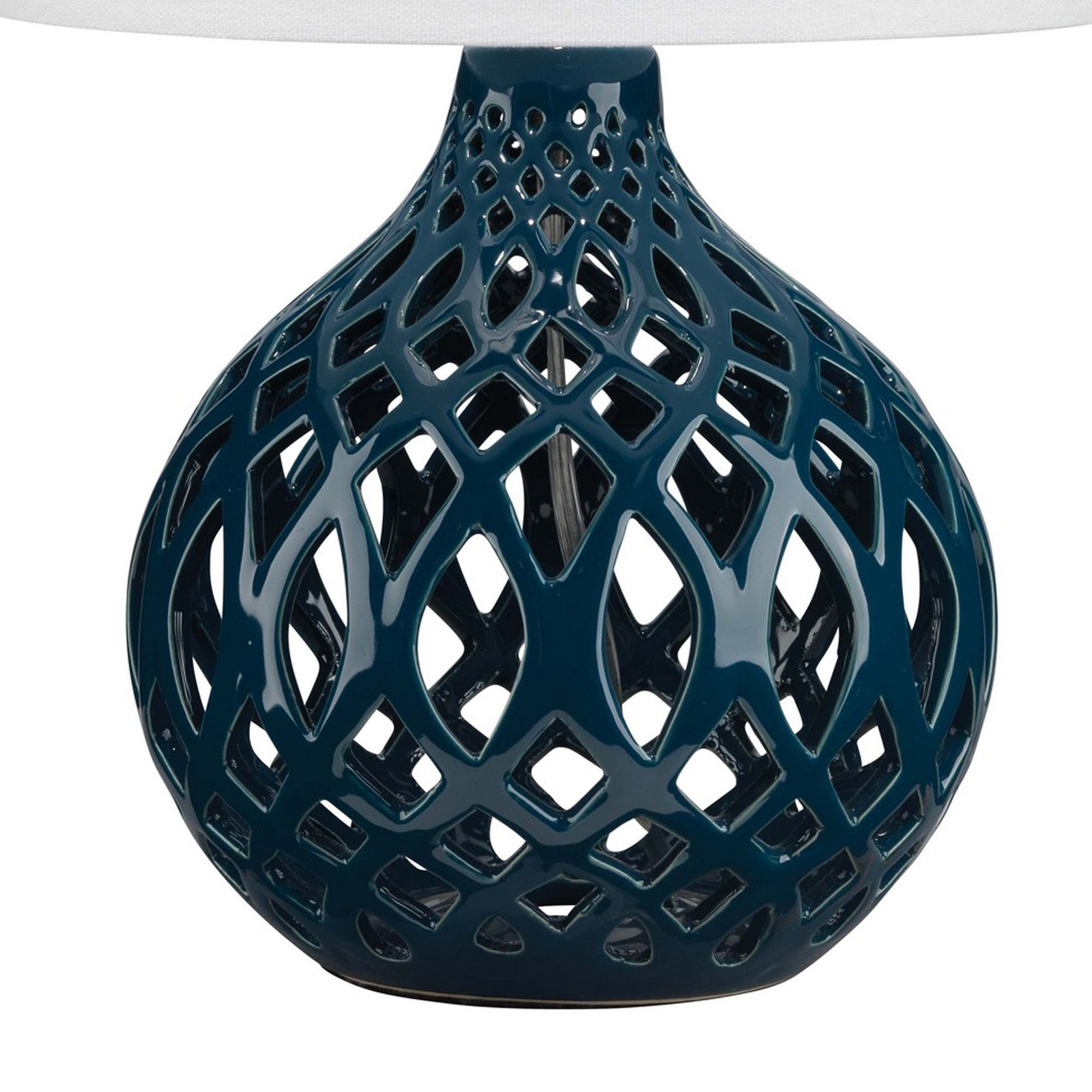 Table Lamp with Ceramic Bellied Body and Fretwork Pattern - Blue