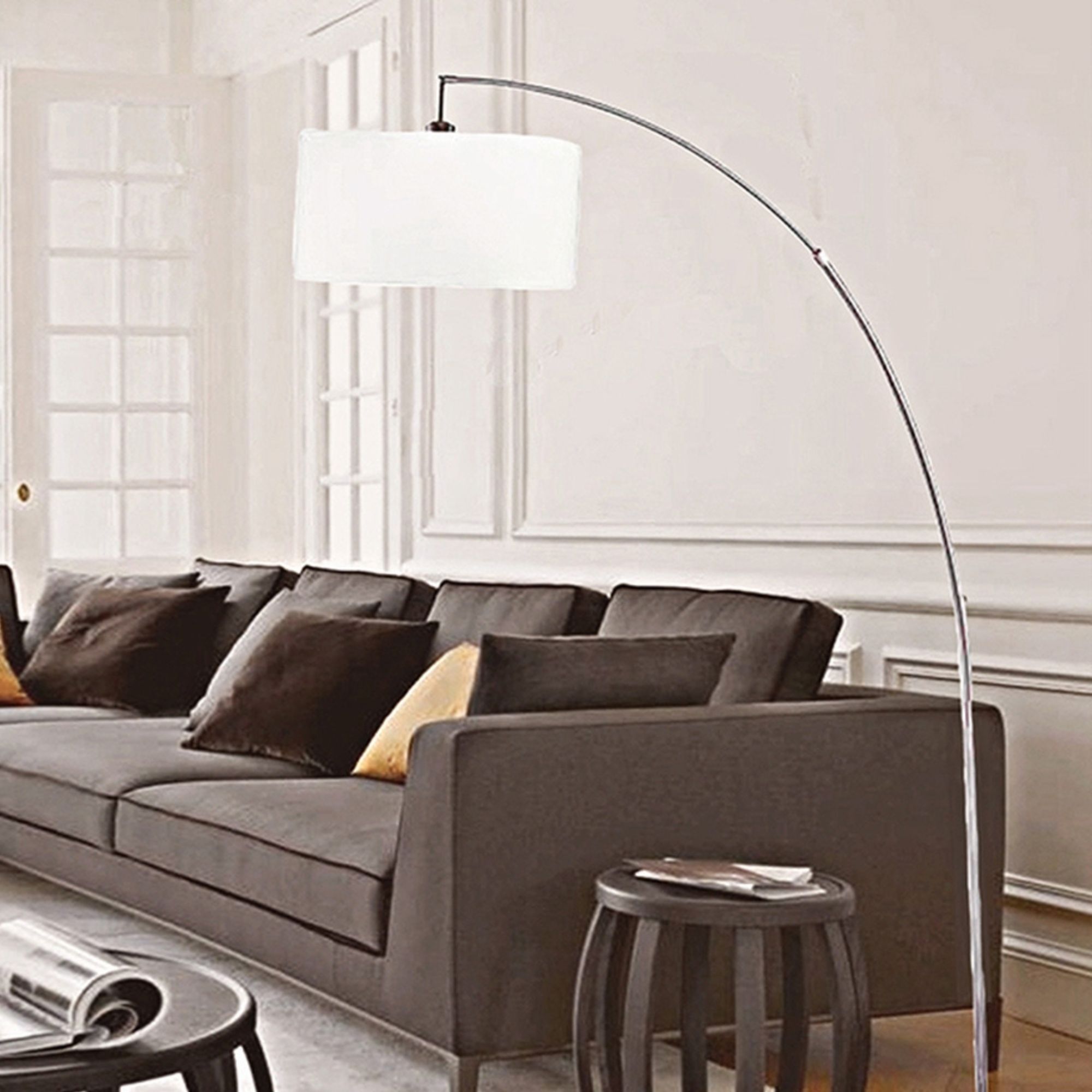 86" Tall Metal Floor Arc Lamp, White and Brushed Silver