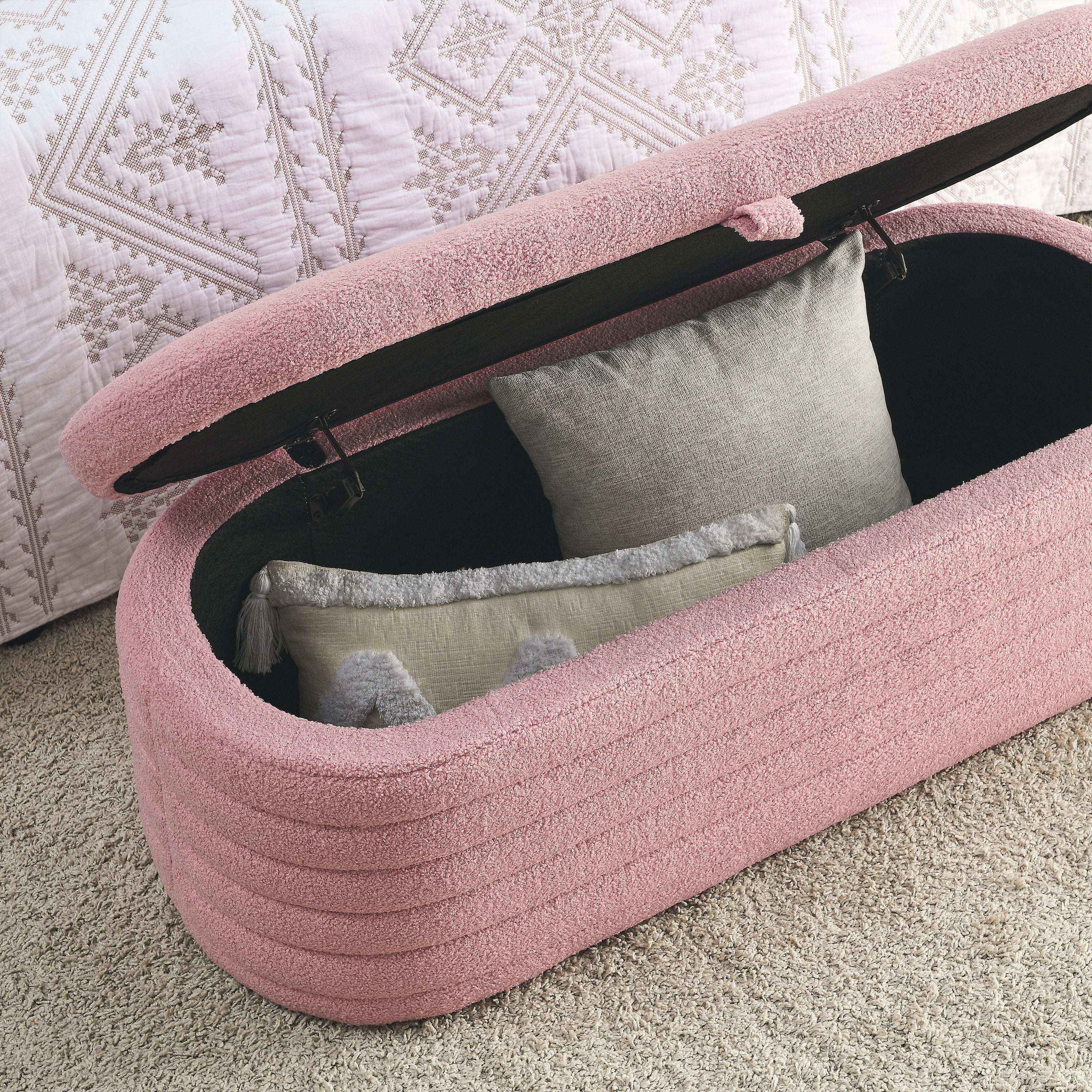 45.5" Storage Ottoman Bench Upholstered Fabric Storage Bench End of Bed Stool with Safety Hinge - Pink teddy.