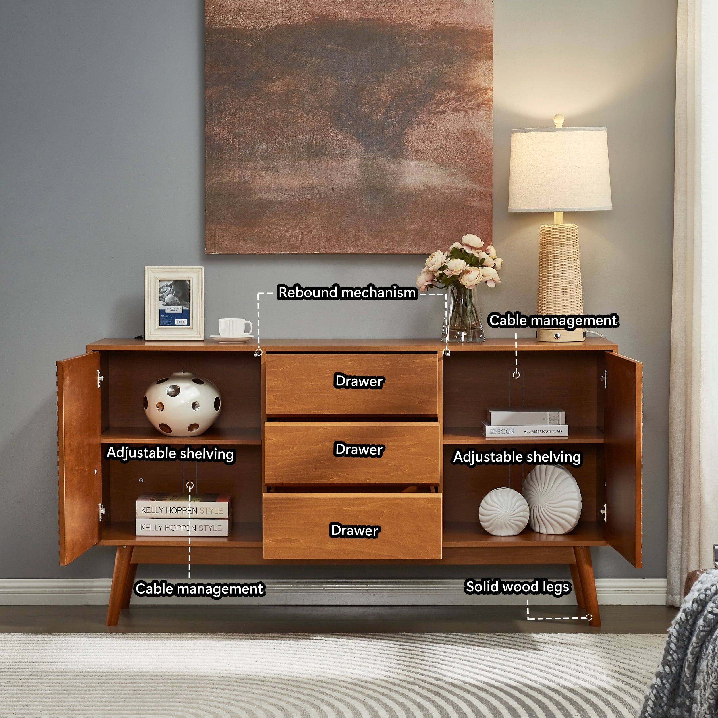 Modern Wood TV Stand, Entertainment Center for TVs up to 65", Sideboard Buffet Cabinet Credenza, Slatted Media Console