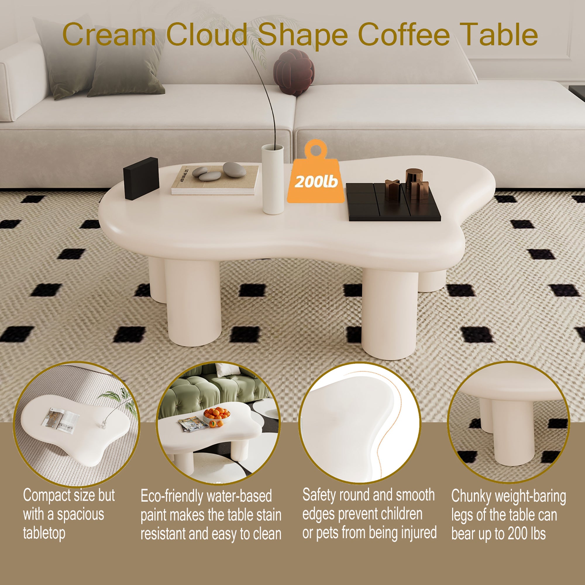 Contemporary and Minimalist 40 Inch Cloud Shaped Coffee Table - Beige