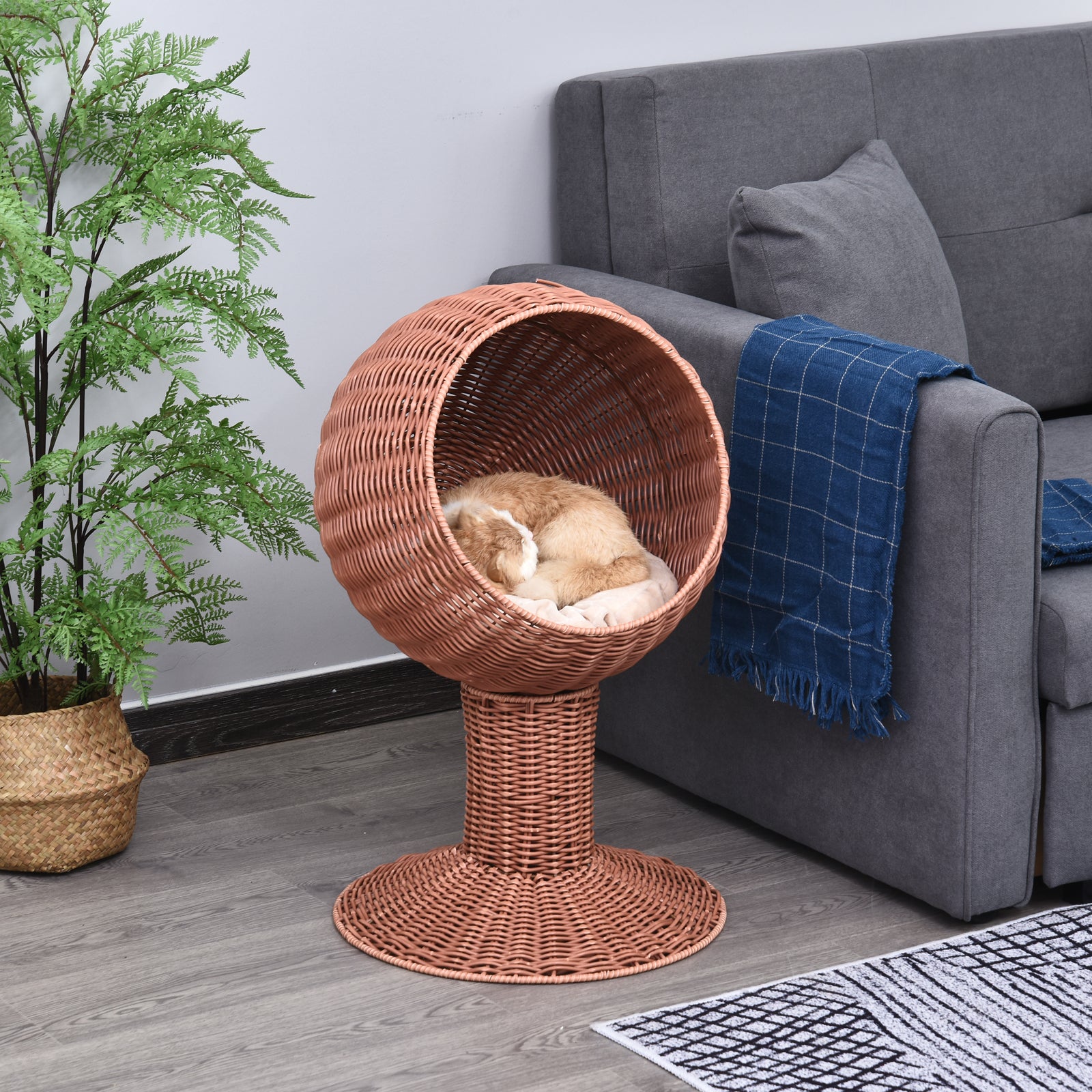 Cat Basket Bed with Thick Cushion, Elevated Bed with Rotatable Egg Chair Pod - Natural Mat Grass Woven Kitty House, Brown