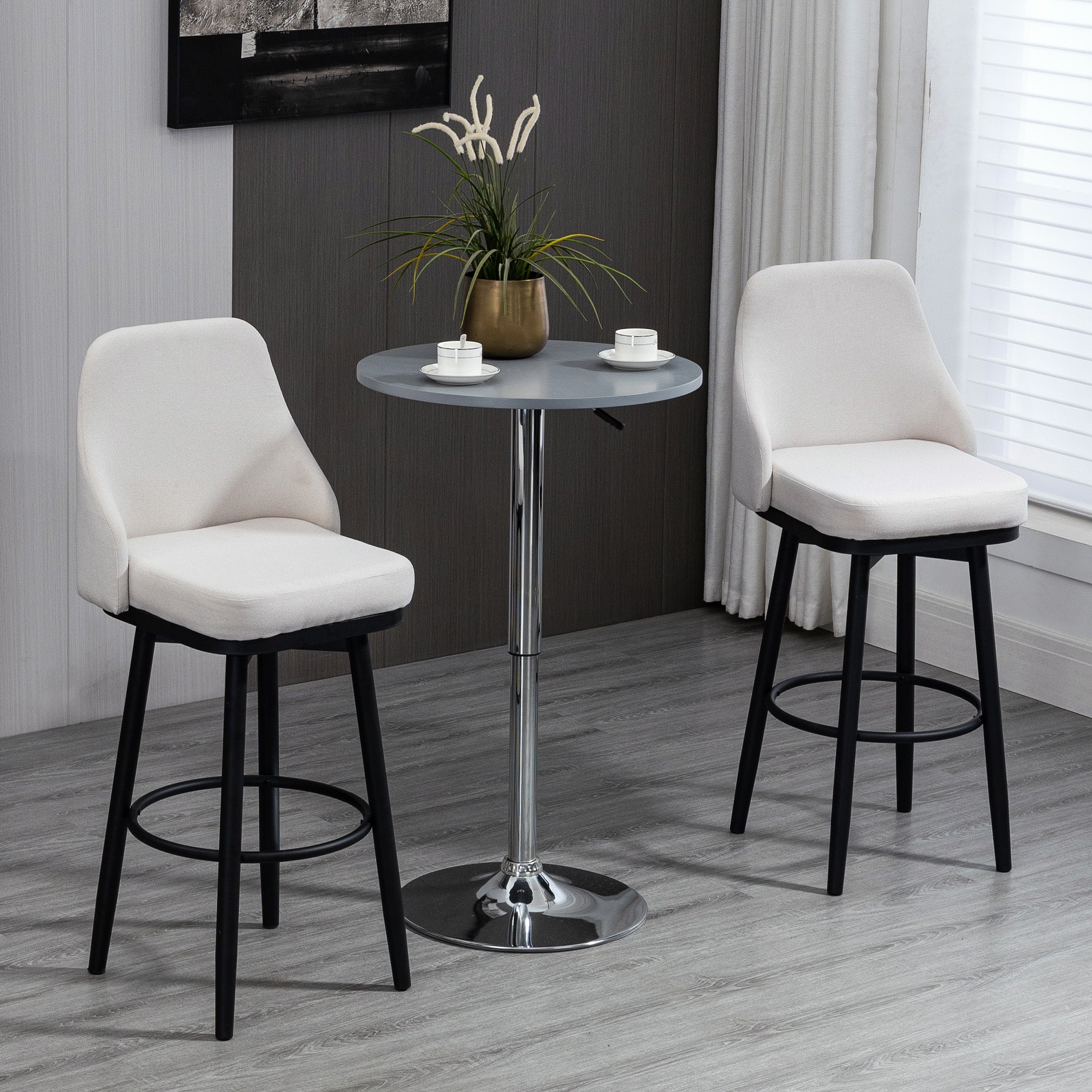 Set of 2 Bar Height Bar Stools, 360° Swivel, 29.5 Inch Seat Height with Steel Legs and Footrest - Cream White