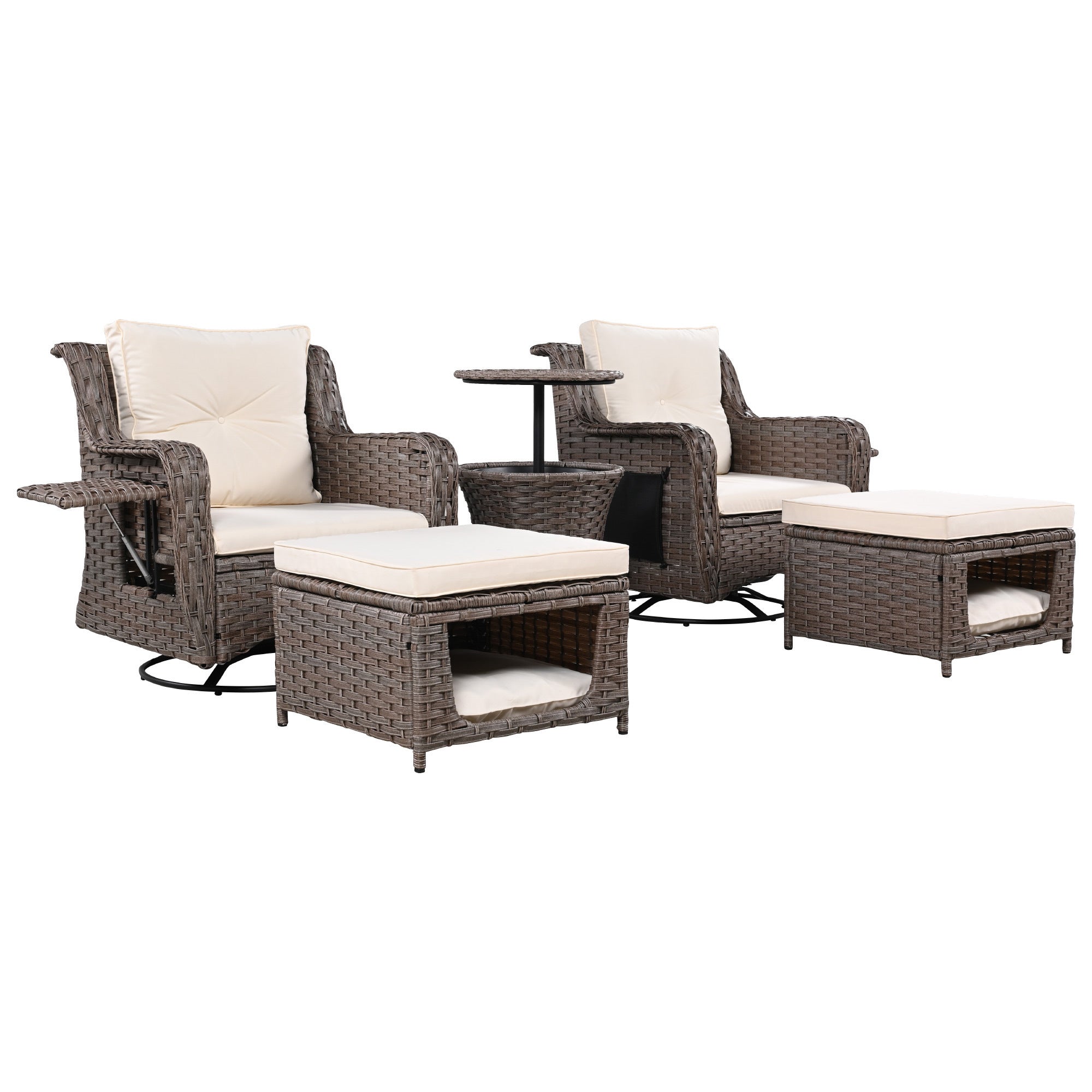 5 Pieces Outdoor Patio Furniture Set with Pet House Cool Bar and Retractable Side Tray, Rattan Wicker Patio Swivel Rocking Chairs Set of 2 with Ottomans - Beige