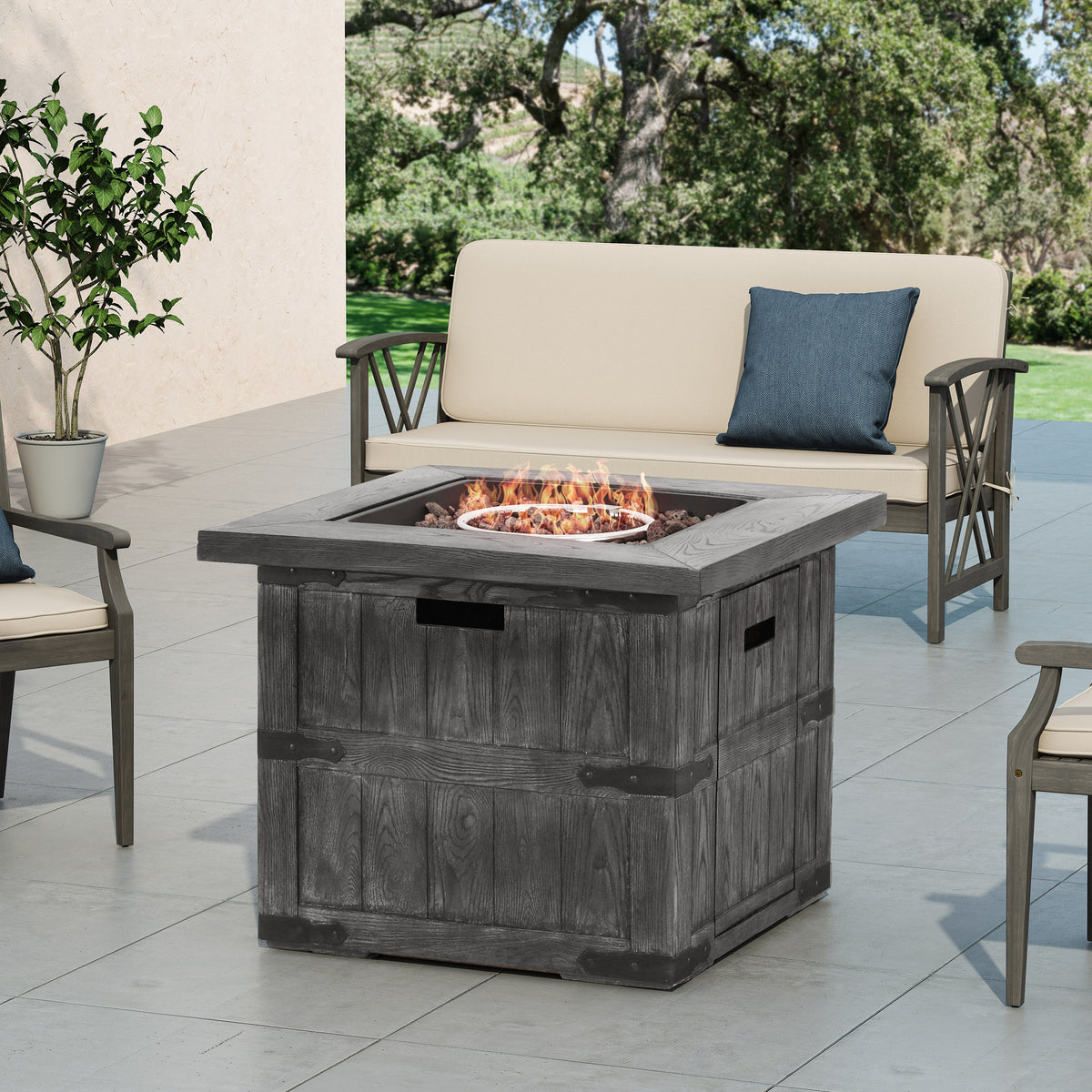 Outdoor Patio 24.5" H x 30" W Square Gas Burning Concrete Fire Pit - 40, 000 BTU, Fire Pit Table with Tank inside, Grey