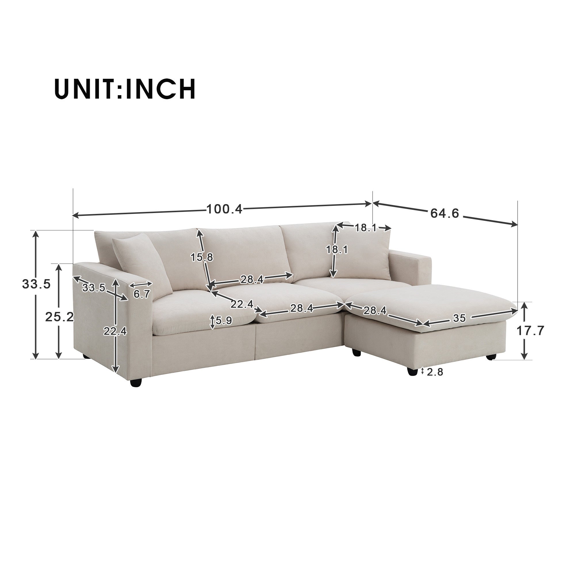 100.4x64.6" Modern Sectional Sofa, L-shaped Couch Set with 2 Free pillows, 4-seat Polyester Fabric Couch Set with Convertible Ottoman  - Beige