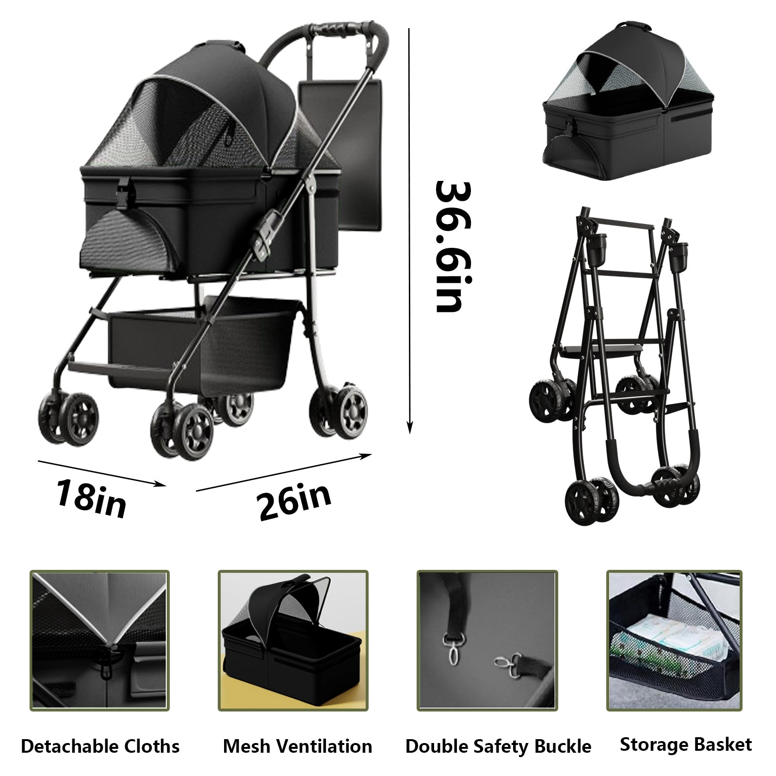 2 in 1 Folding Dog/Cat Puppy 4 Wheels Stroller w/Removable Travel Carrier for Small/Medium Pet, Waterproof Pad, Car Seat, Sun Shade