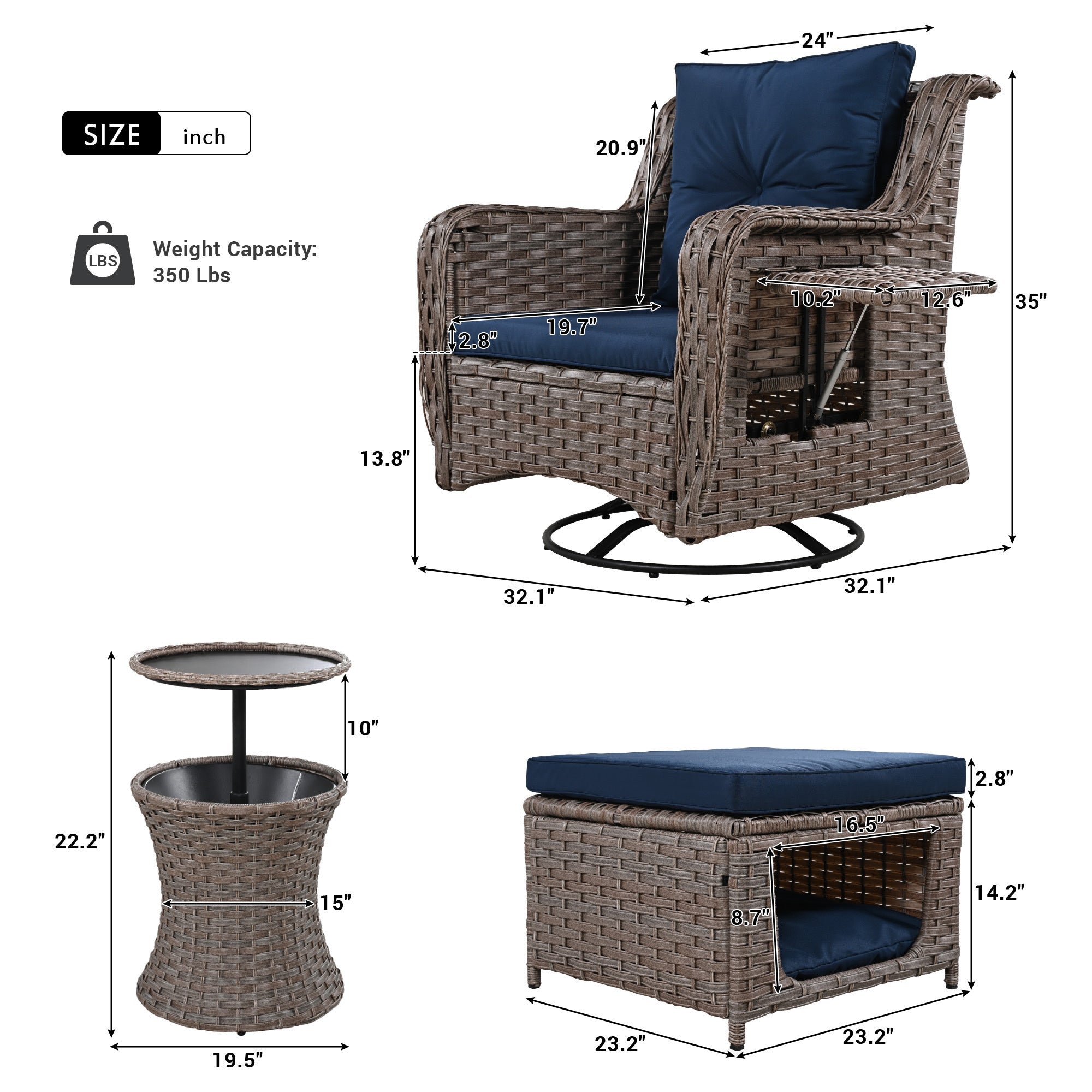 5 Pieces Outdoor Patio Furniture Set Retractable Side Tray, Rattan Wicker Patio Swivel Rocking Chairs Set of 2 with Ottomans - Navy Blue