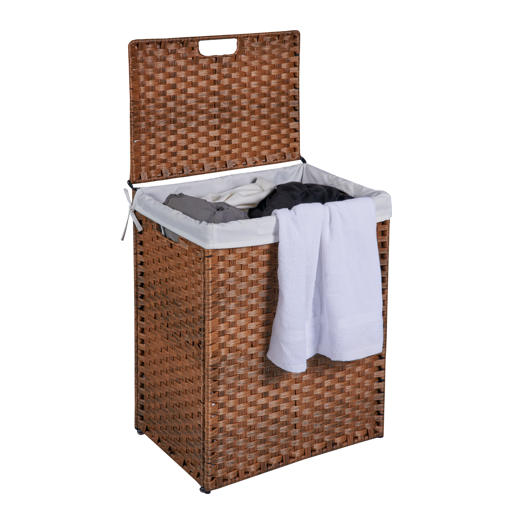 Laundry Hamper With Lid PE Rattan Powder Coating Frame Clothes Hampers with 2 Removable Bags, 100L, Brown Color