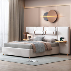 Queen Size Upholstered Platform Bed, Two Outlets and USB Charging Ports on Both Sides, Two Bedside Pillows, Storage Shelves,Velvet, Beige