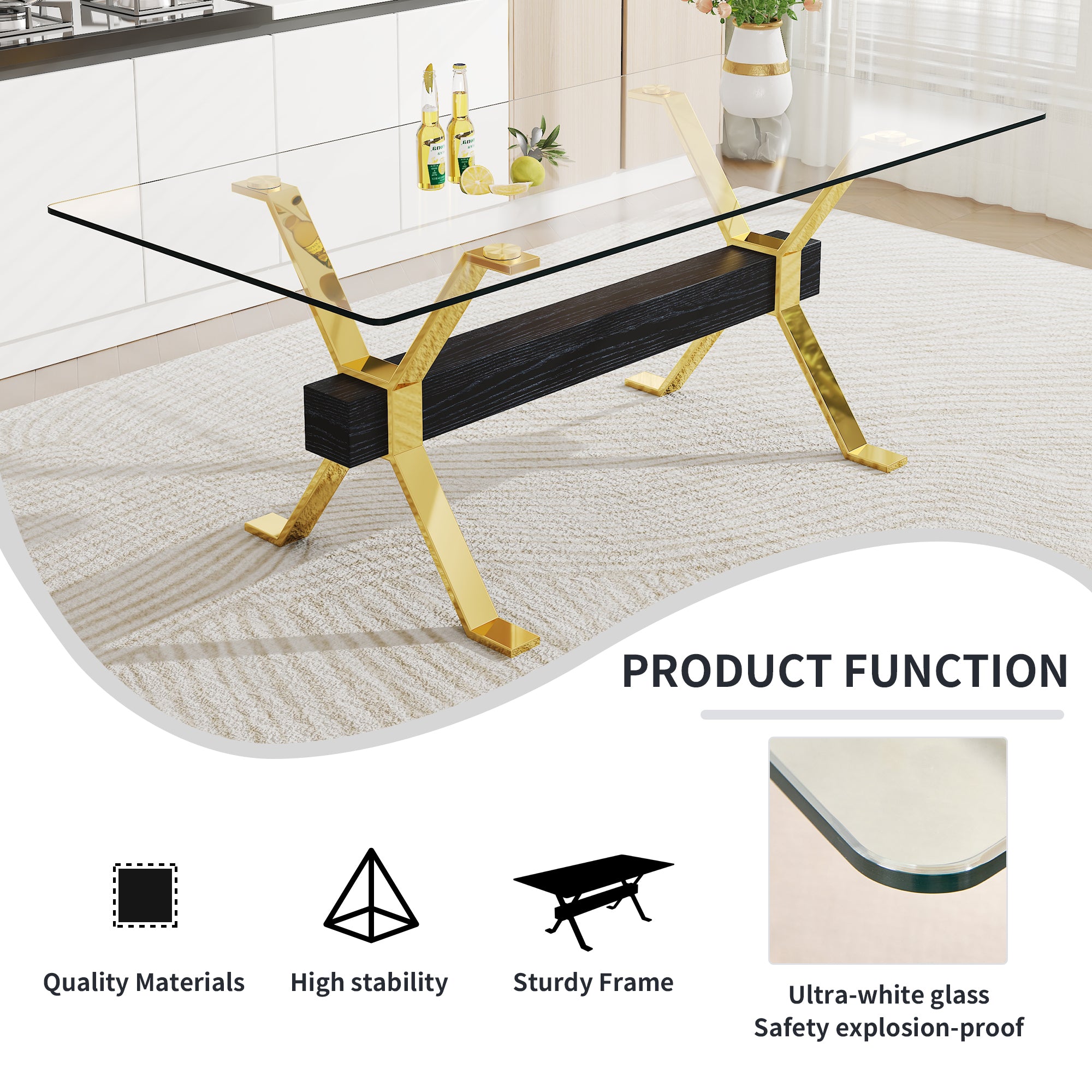 Modern And Luxurious Tempered Glass Rectangular Dining Table With 8 Black PU Gold Plated Leg Chairs