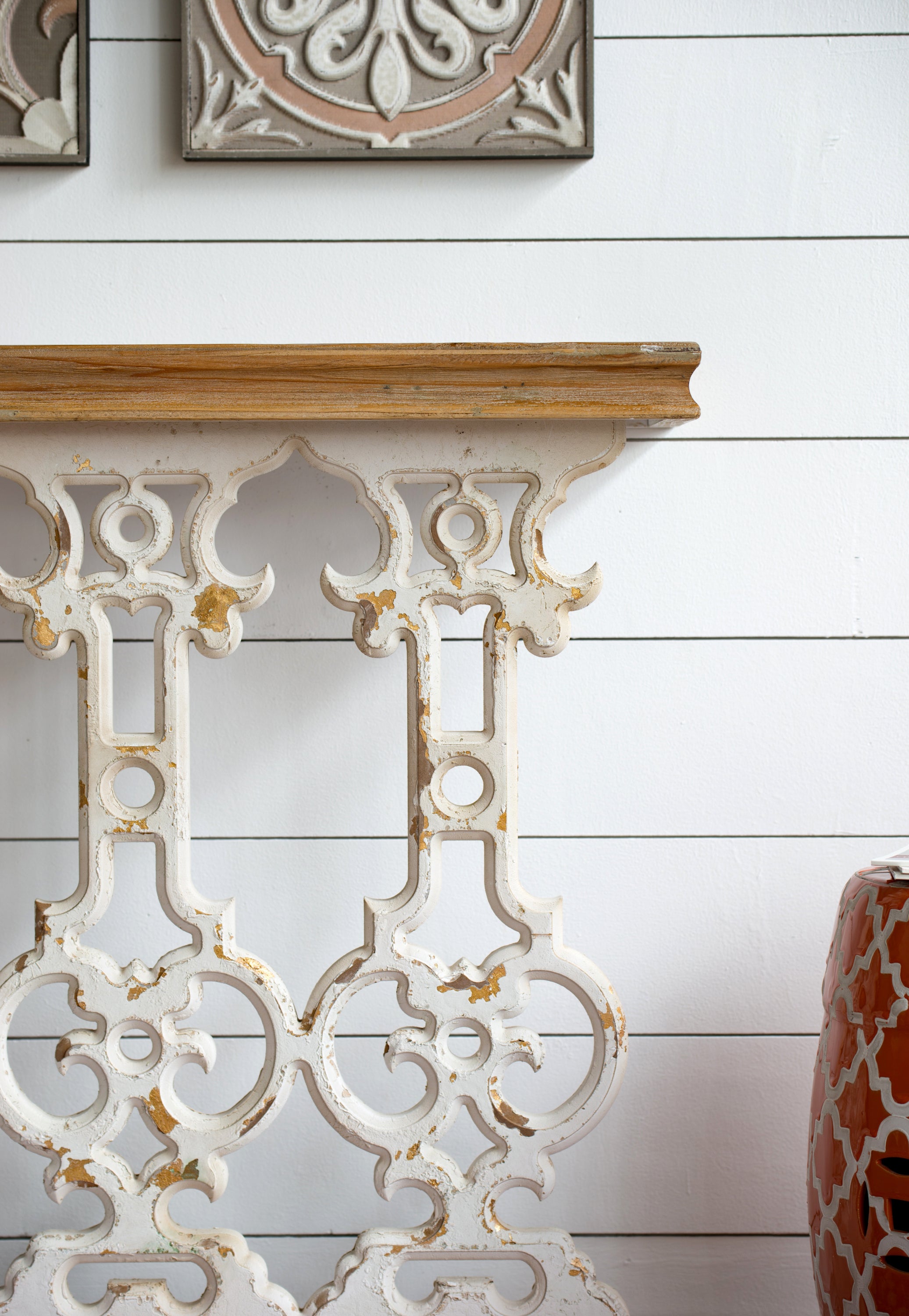 Classic Vintage White Wash Console Table with Brown Wood Top 32"x12"x32"