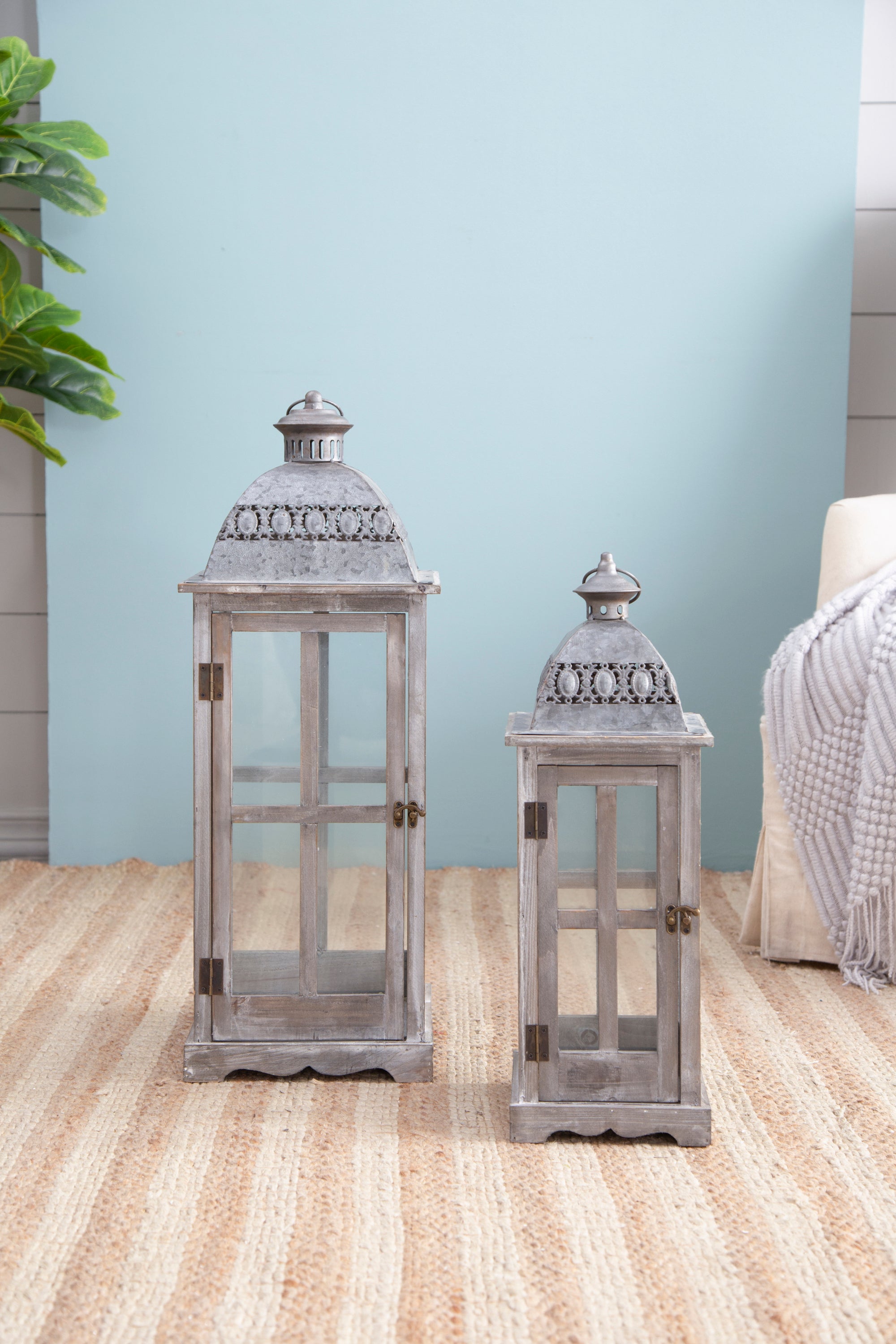 Wooden Candle Lantern Decorative (Set of 2) - Grey