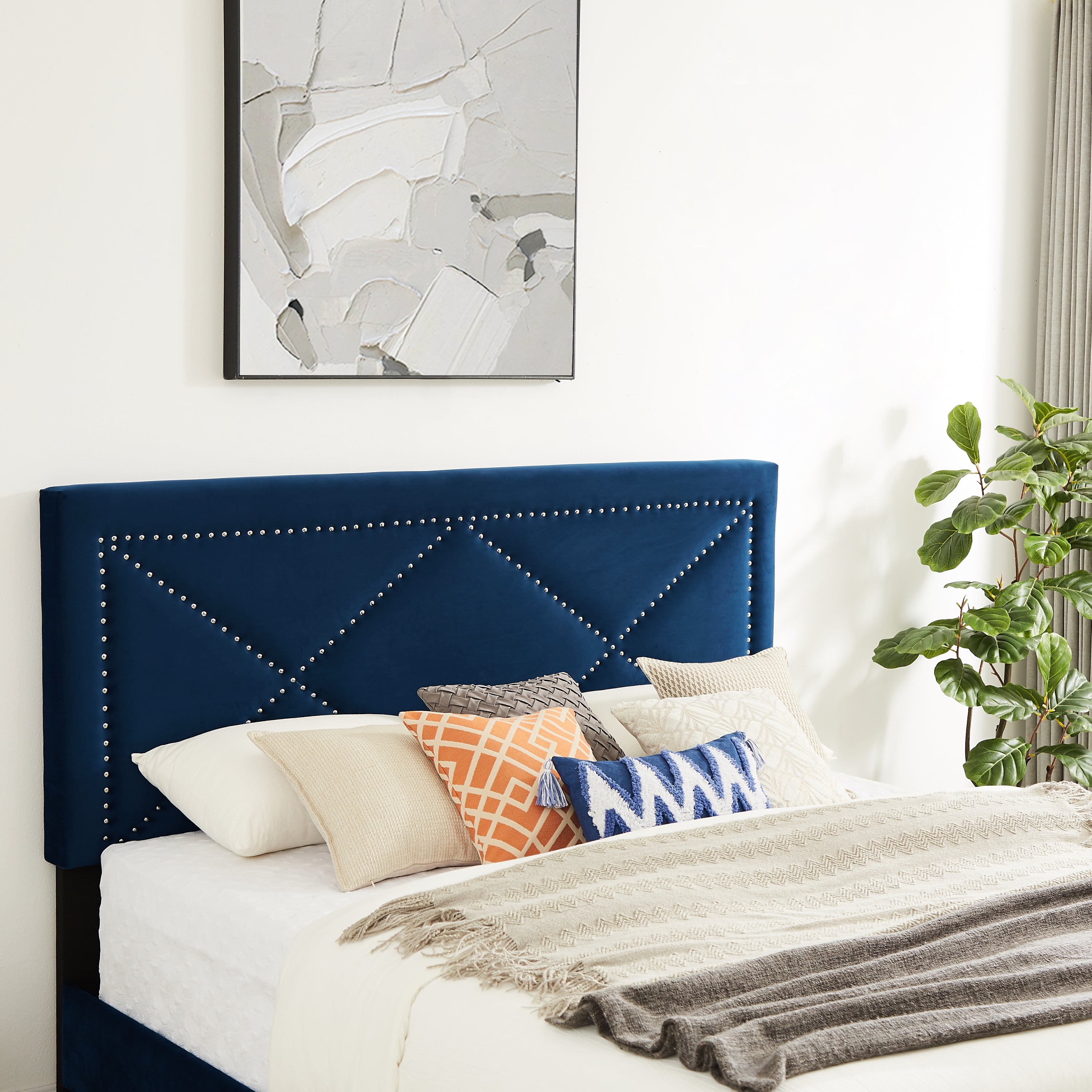 King Bed with Beautiful Brass Studs Adorn - Blue