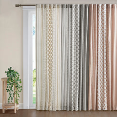 Cotton Printed Curtain Panel with Chenille Stripe and Lining - Gray