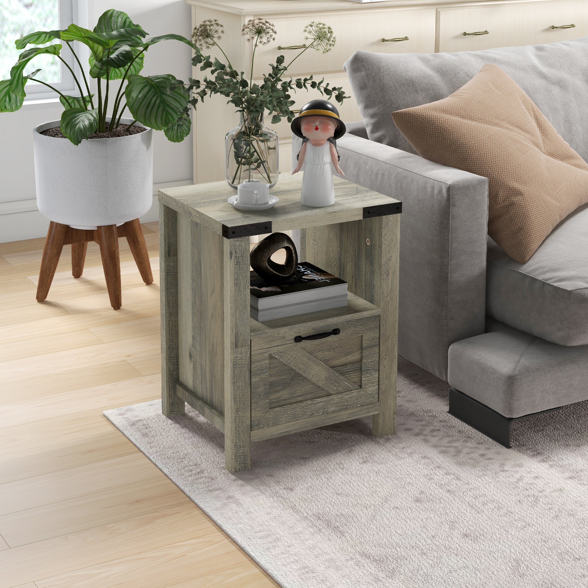 Farmhouse End Table, Rustic Side Cabinet with Drawer - Gray