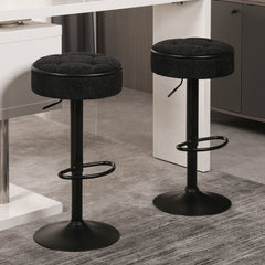 Set of 2 Round Storage Bar Stool Black Linen Height Adjustable Barstool, 360°Counter Height Swivel