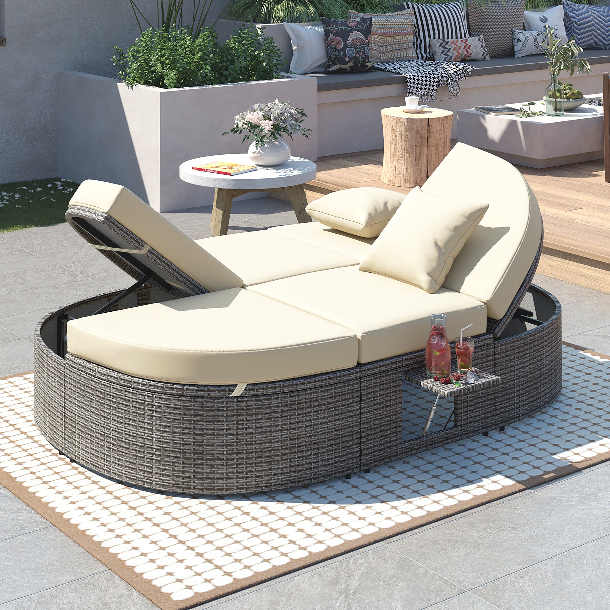 Outdoor Sun Bed Patio 2-Person Daybed with Cushions and Pillows, Rattan Garden Reclining Chaise Lounge with Adjustable Backrests and Foldable Cup Trays for Lawn, Poolside, Beige