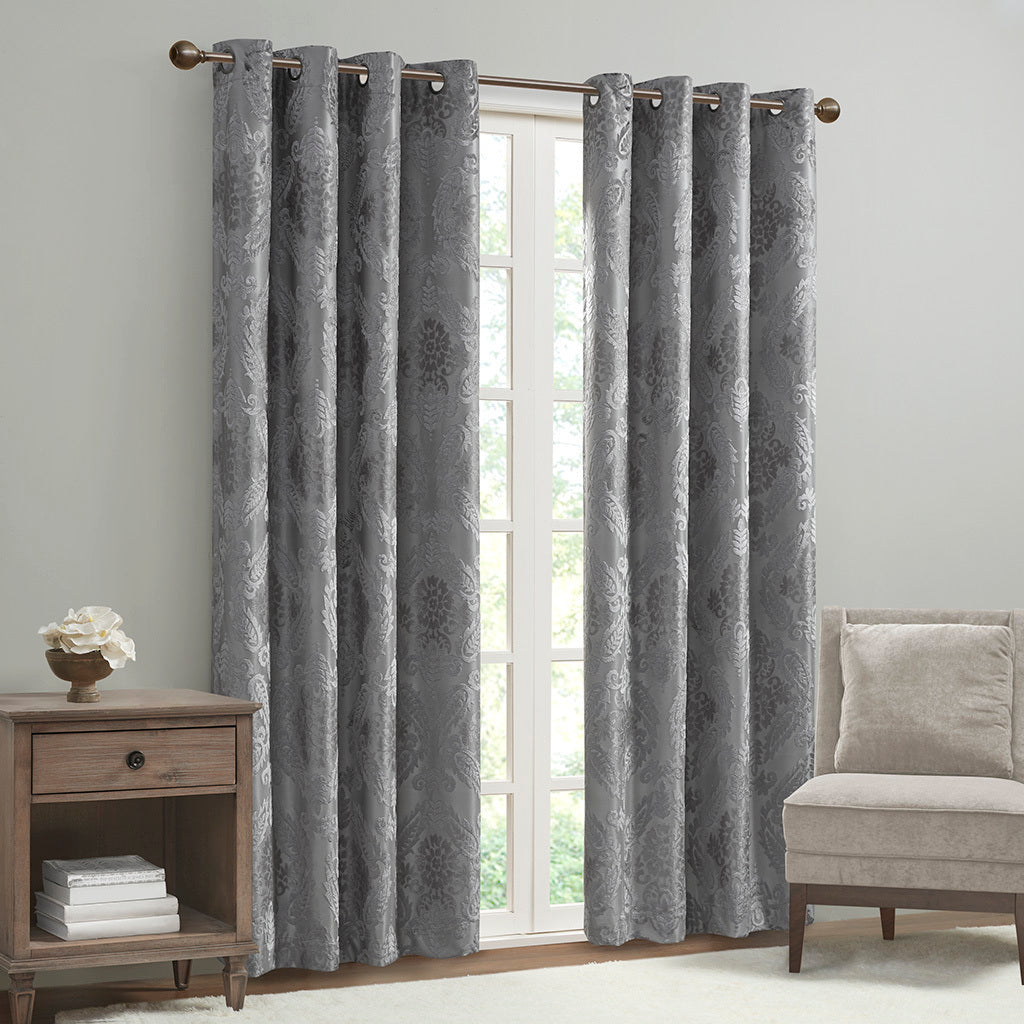 Knitted Jacquard Paisley Total Blackout Grommet Top Curtain Panel - Grey