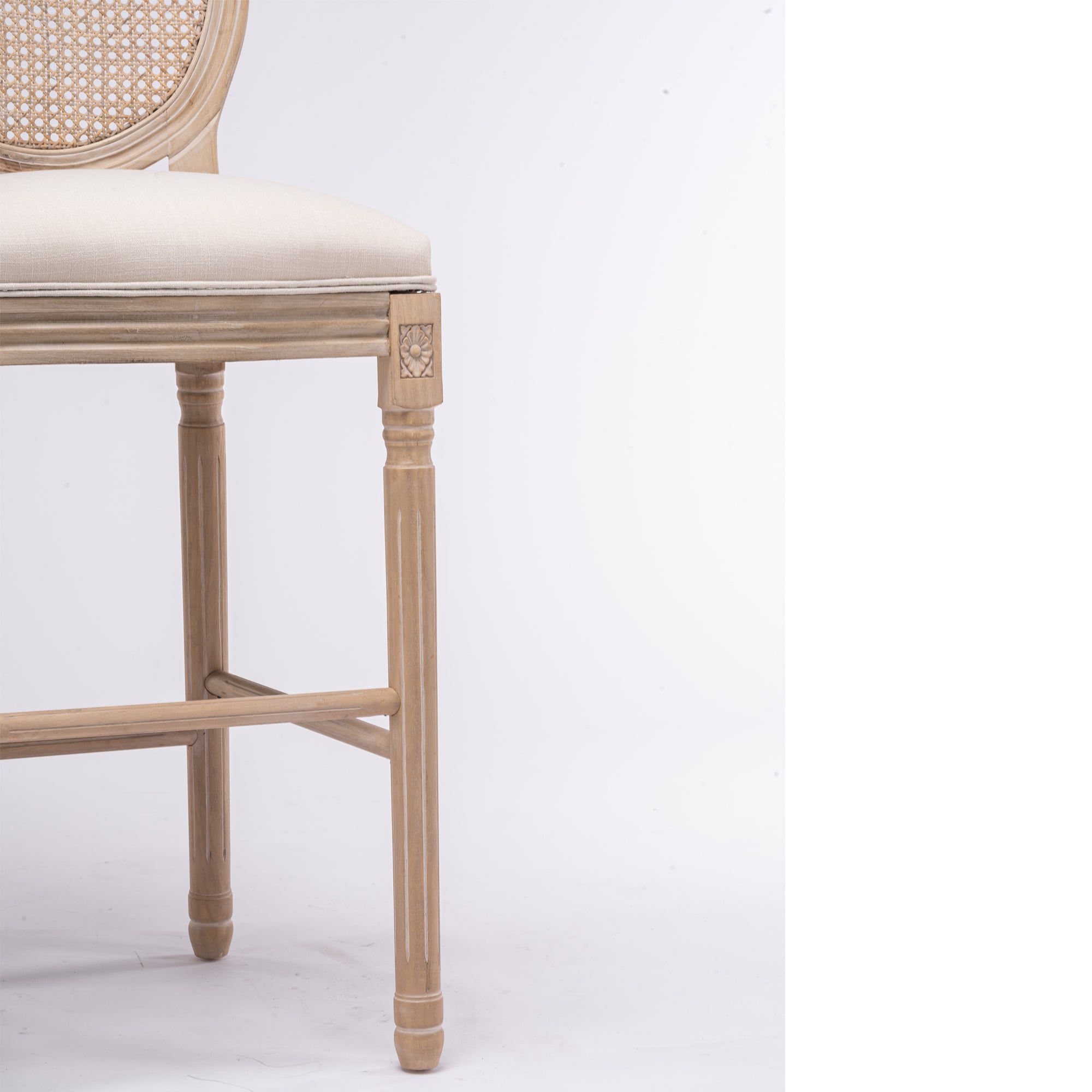 Set of 2 French Country Wooden Barstools Rattan Back With Upholstered Seating - Beige and Natural