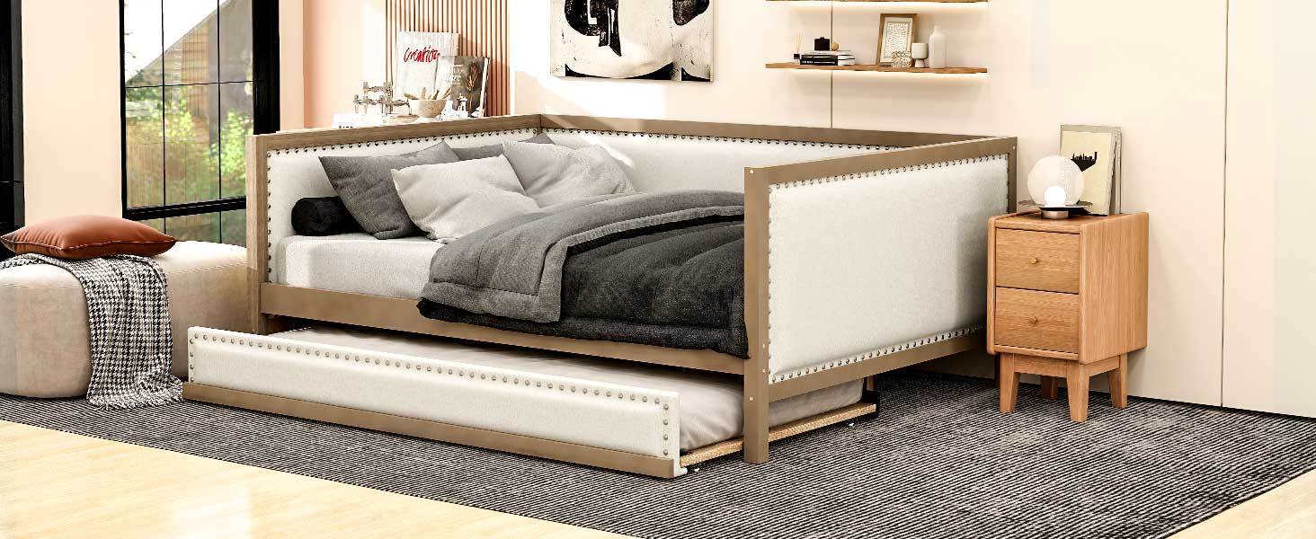 Full Size Upholstered Daybed with Trundle and Nailhead Decoration, Wood Color