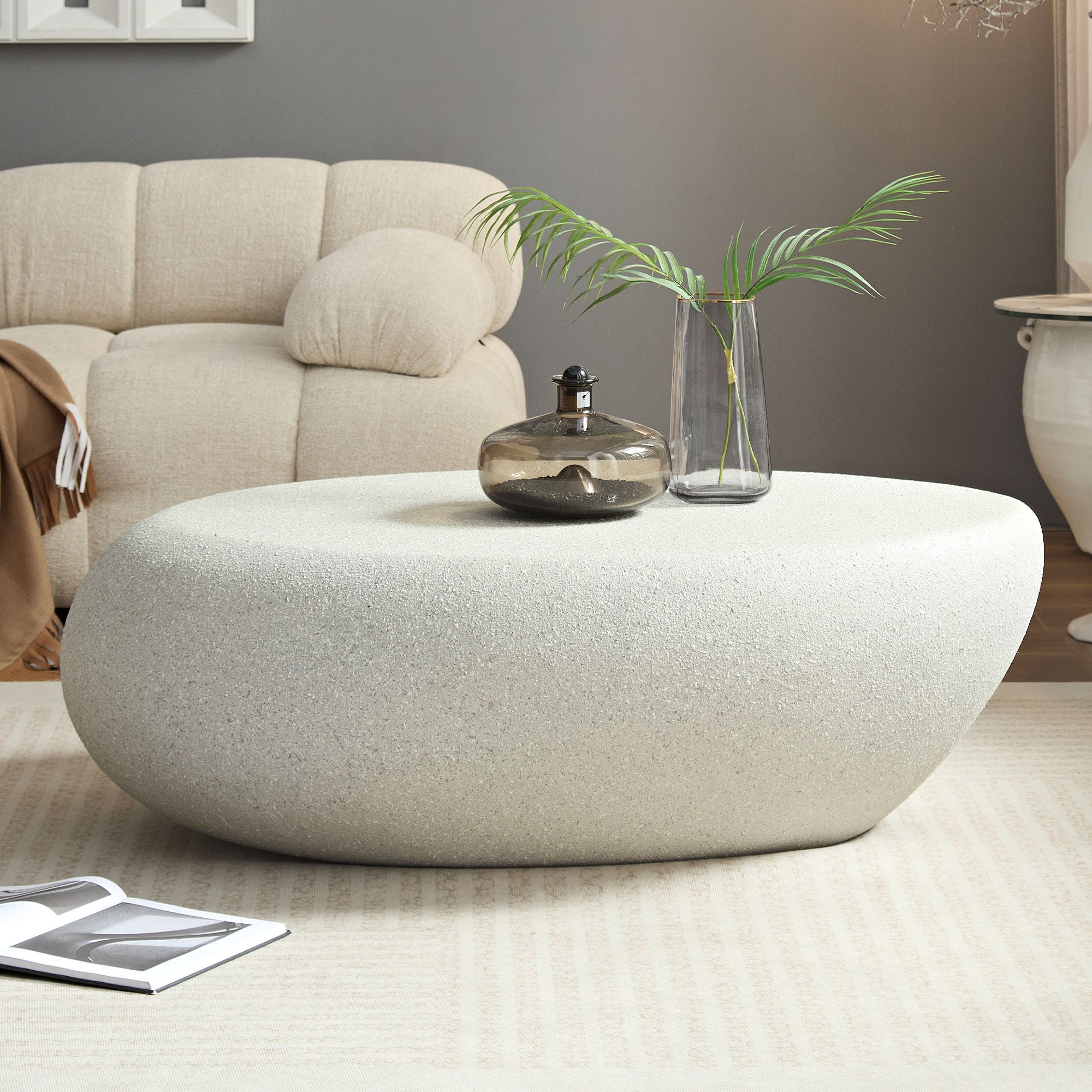 43.31''Fiberglass Elliptical Coffee Table,Matte Rocks Table front of the Sofa (No Need Assembly)