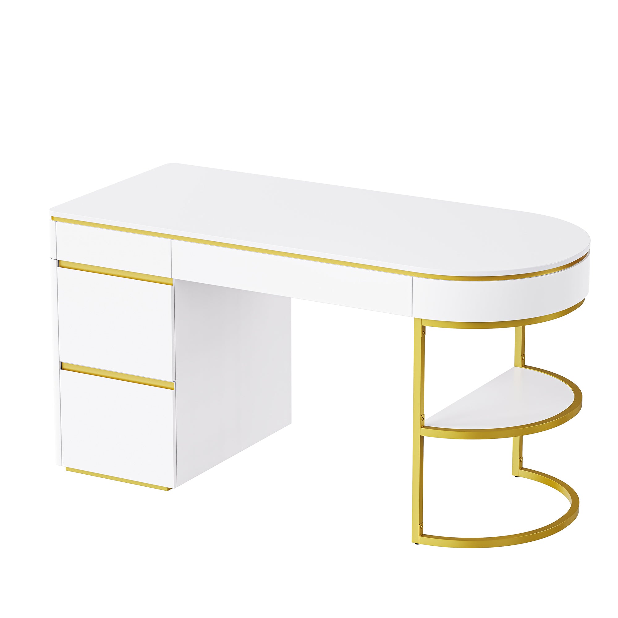 60''Modern Executive Desk,White Curved Computer Desk with Gold Metal Legs,3-Drawers Home Office Desk - Gold+White