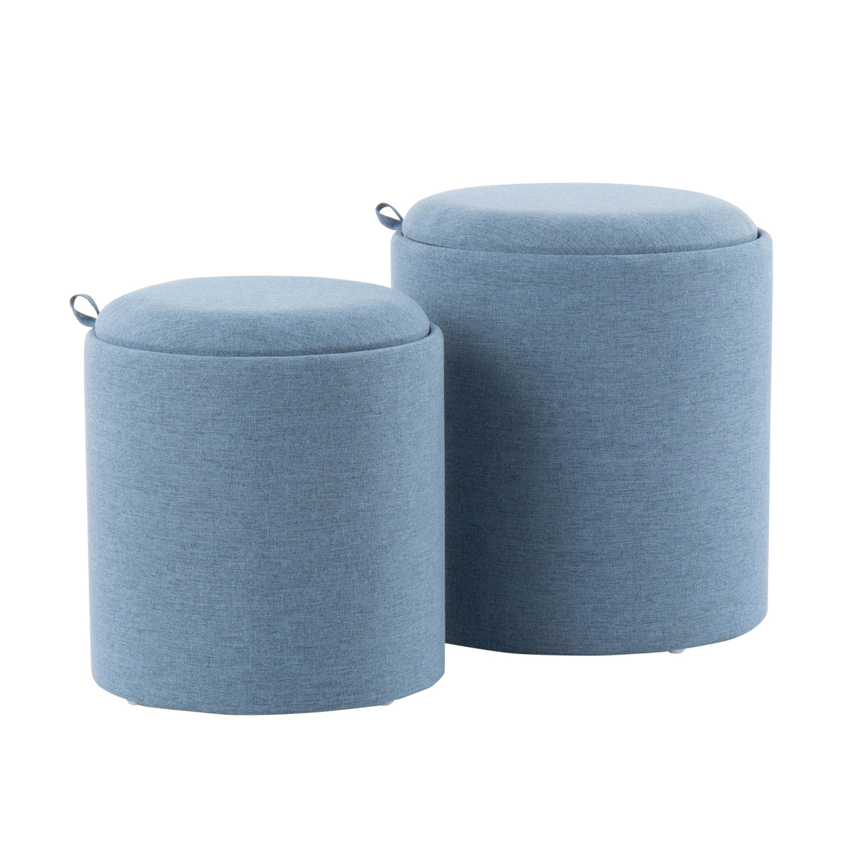 Tray Contemporary Nesting Ottoman Set in Blue Fabric and Natural Wood