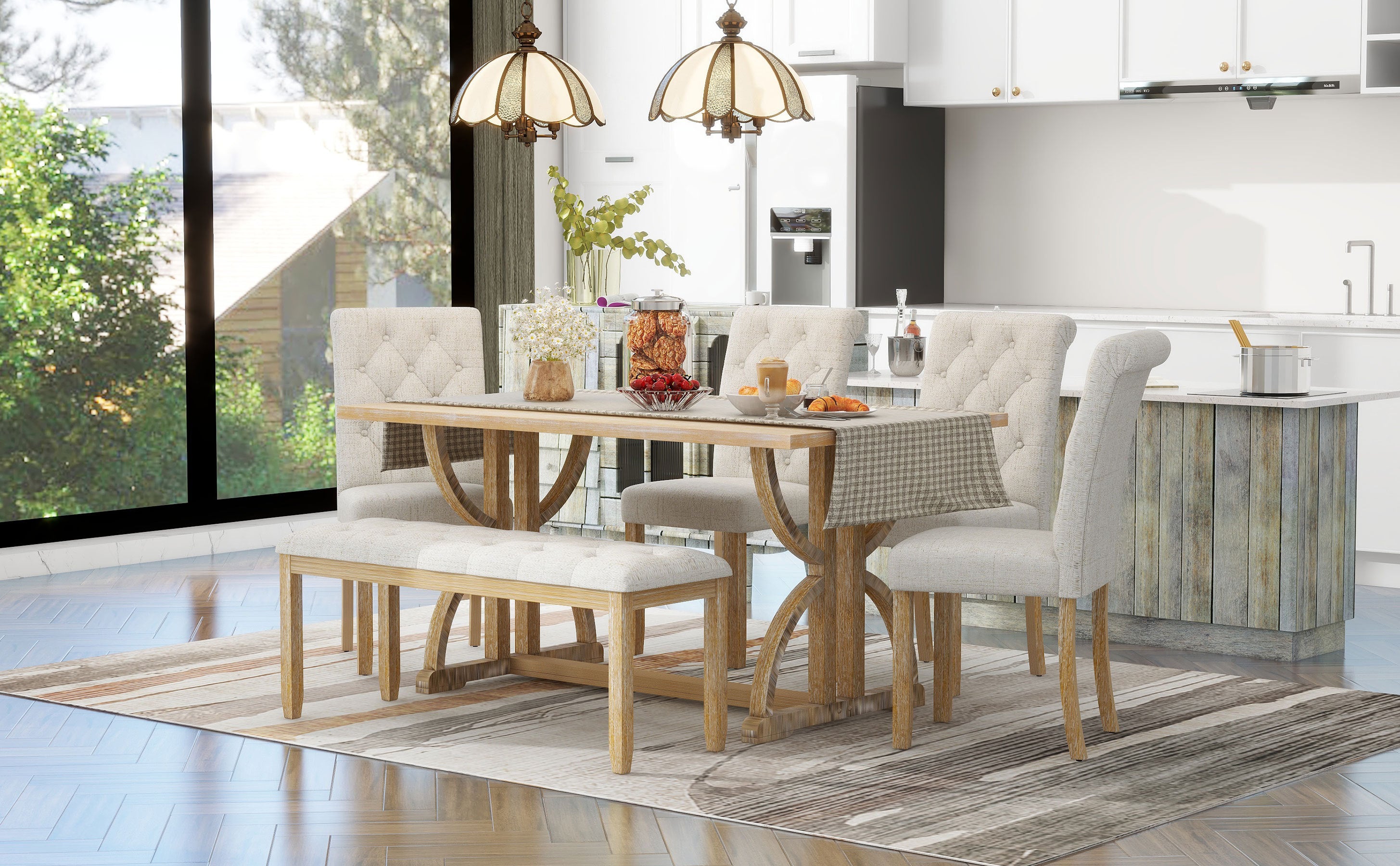 6-Piece Retro Rectangular Dining Table Set, Table with Unique Legs and 4 Upholstered Chairs & 1 Bench - Natural Wood Wash