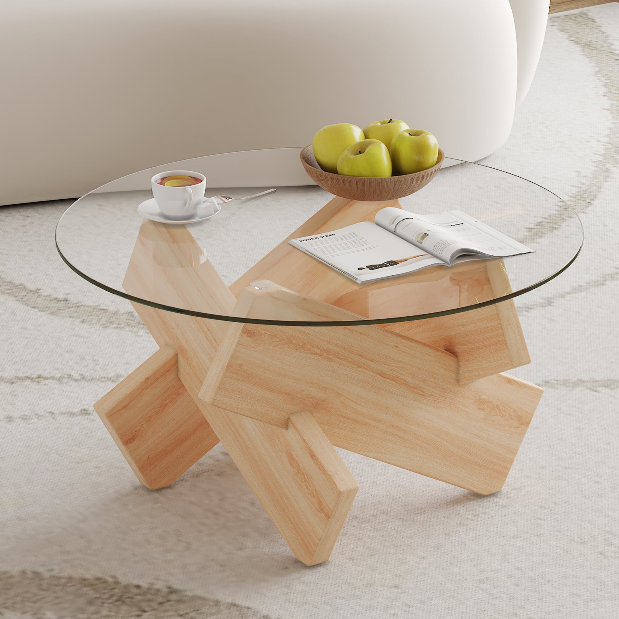 Circular Glass Coffee Table, 33.4-inch Modern, Tempered Glass Countertop, Wood Colored MDF Table Legs